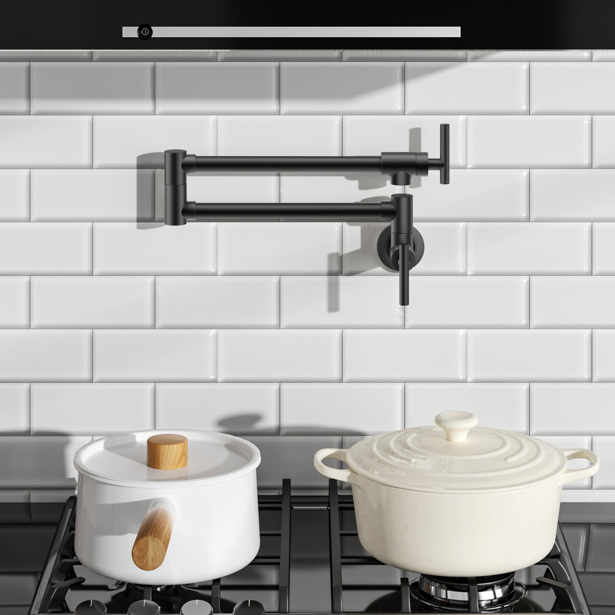 Forious Black Pot Filler Faucet Over Stove, Solid Brass Modern Wall Mount Commercial Folding Faucet With Stretchable Double Joint Swing Arms For Kitchen Restaurant