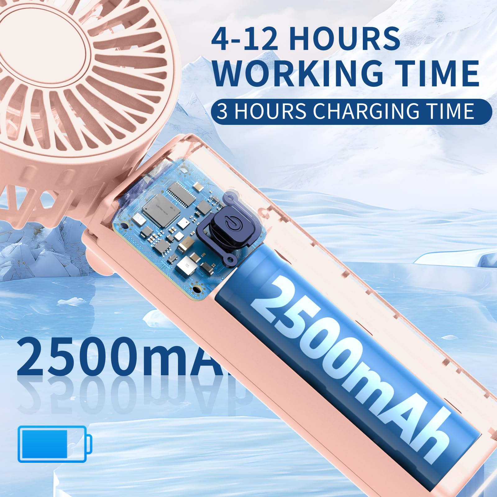 User wearing the fan around the neck, emphasizing its portability and hands-free operation.