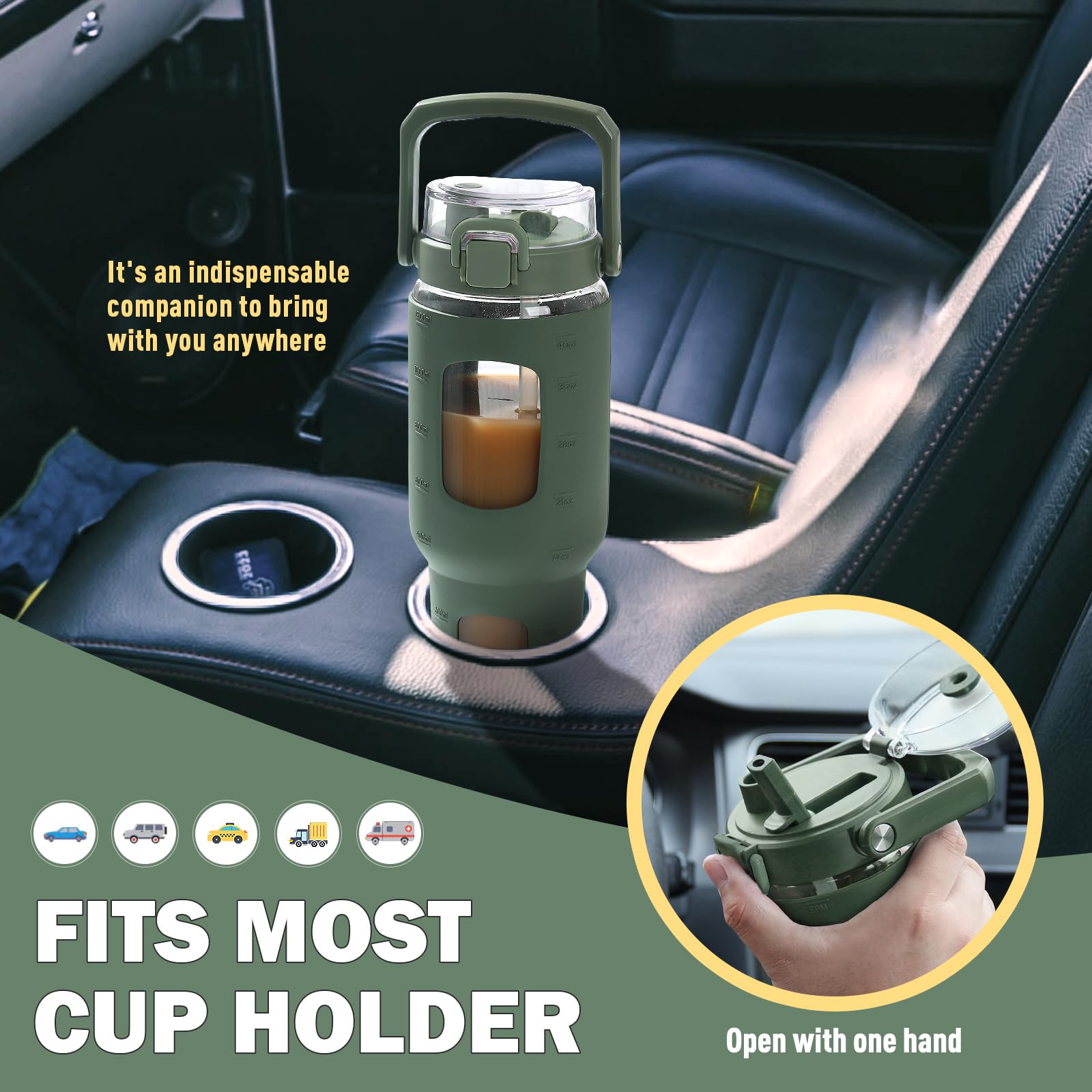 Bluego 32Oz Glass Water Bottle With Handle And StrawLeakproof Sports Glass Bottle With Time Marker