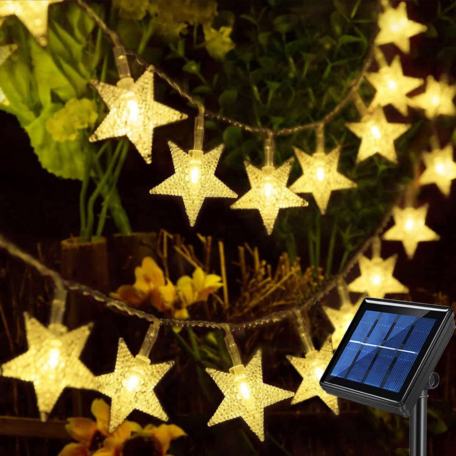 Windpnn Solar String Lights Outdoor, Solar Powered Star Lights, 30Ft 50Led 8 Modes Waterproof Christmas String Lights For Gardens Patio Landscape Xmas Tree Decorations(Warm White)