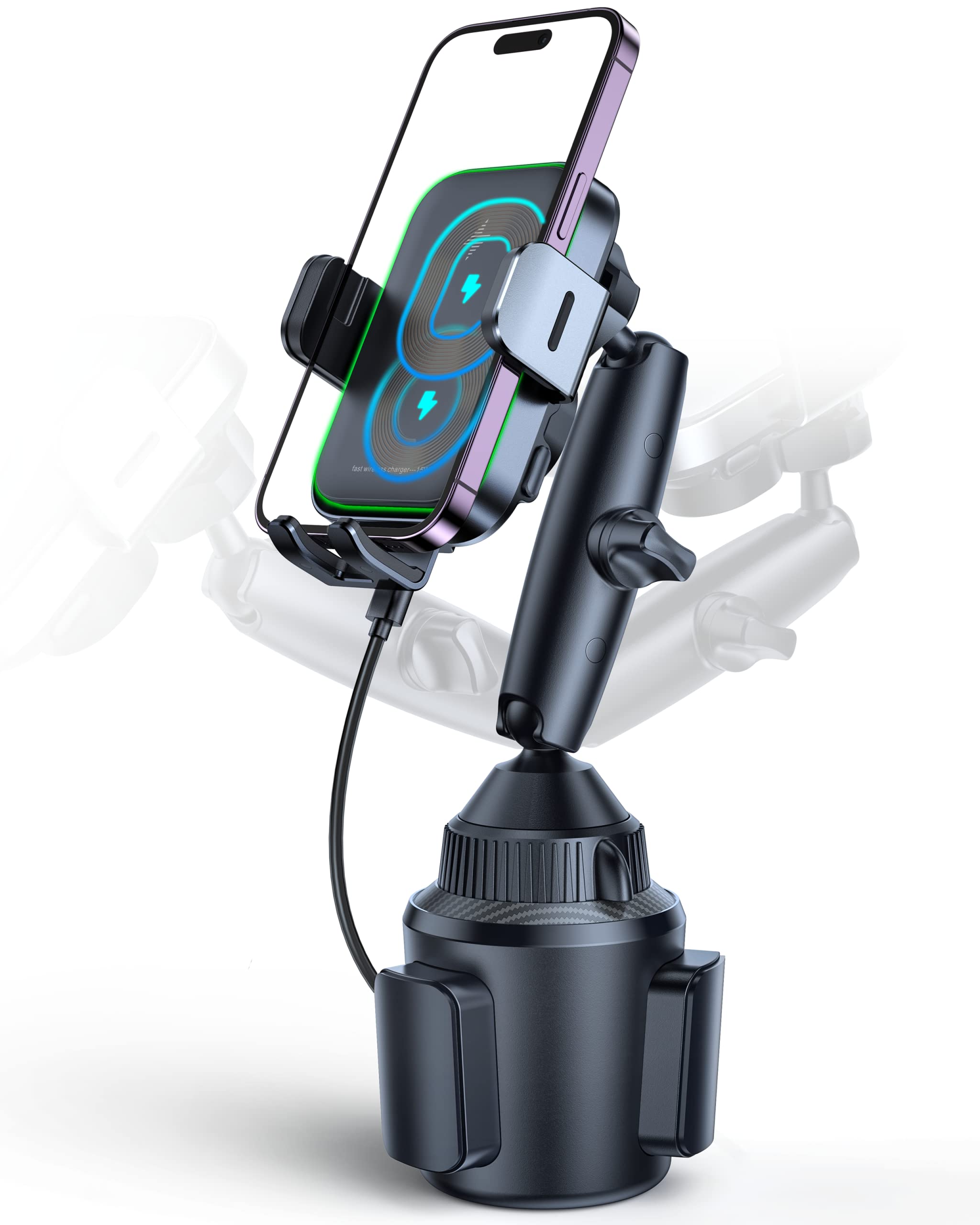 Apps2Car Dual Coil Wireless Car Charger Auto Clamping 15W Cup Holder Phone Wireless Charger Mount Fast Charge Tri-Pivots Height Adjustable Phone Holder Car Truck For Iphone 16 15 14 13 Samsung Lg Etc.