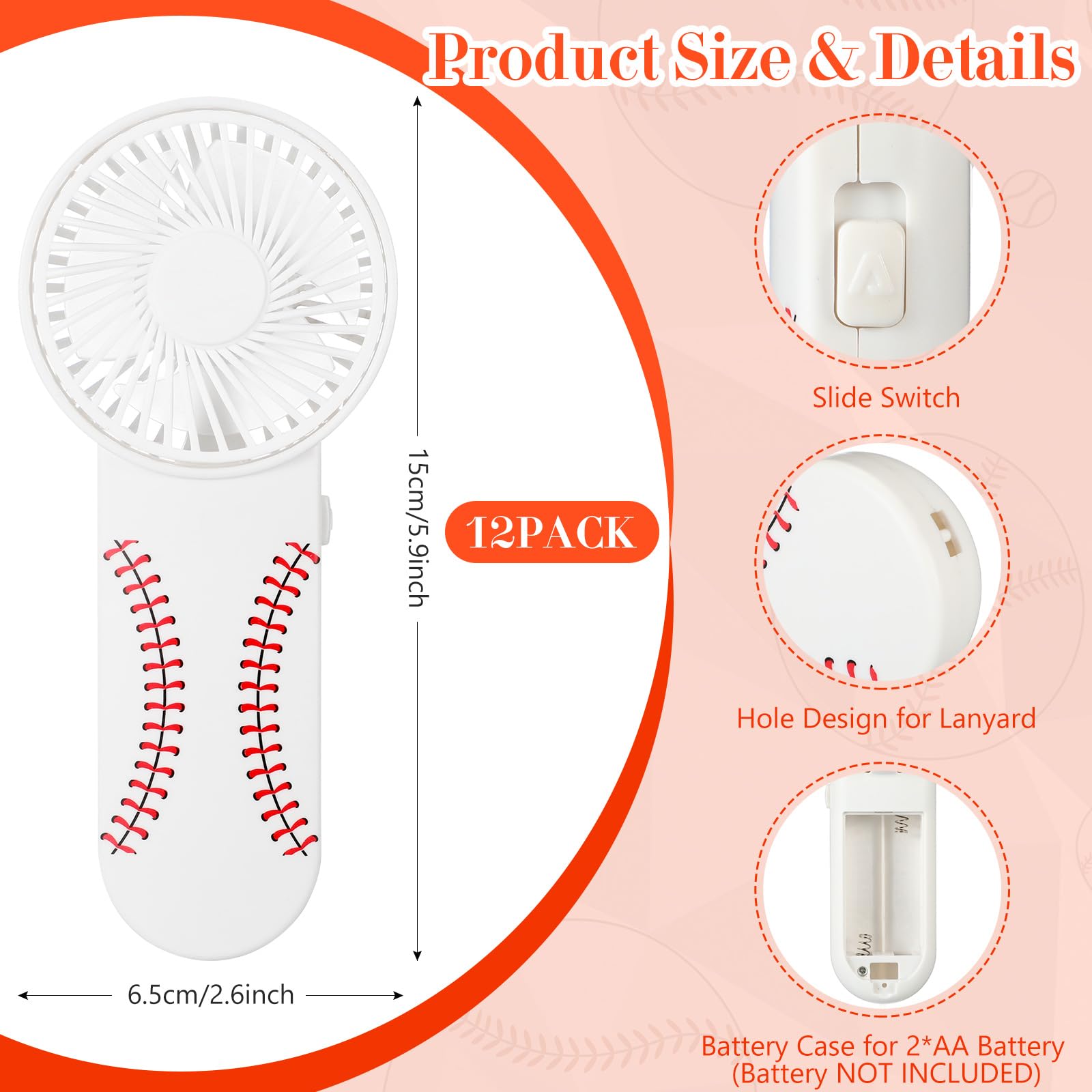 Honoson 12 Pcs Baseball Mini Portable Fan Bulk Small Personal Handheld Fan With Lanyard