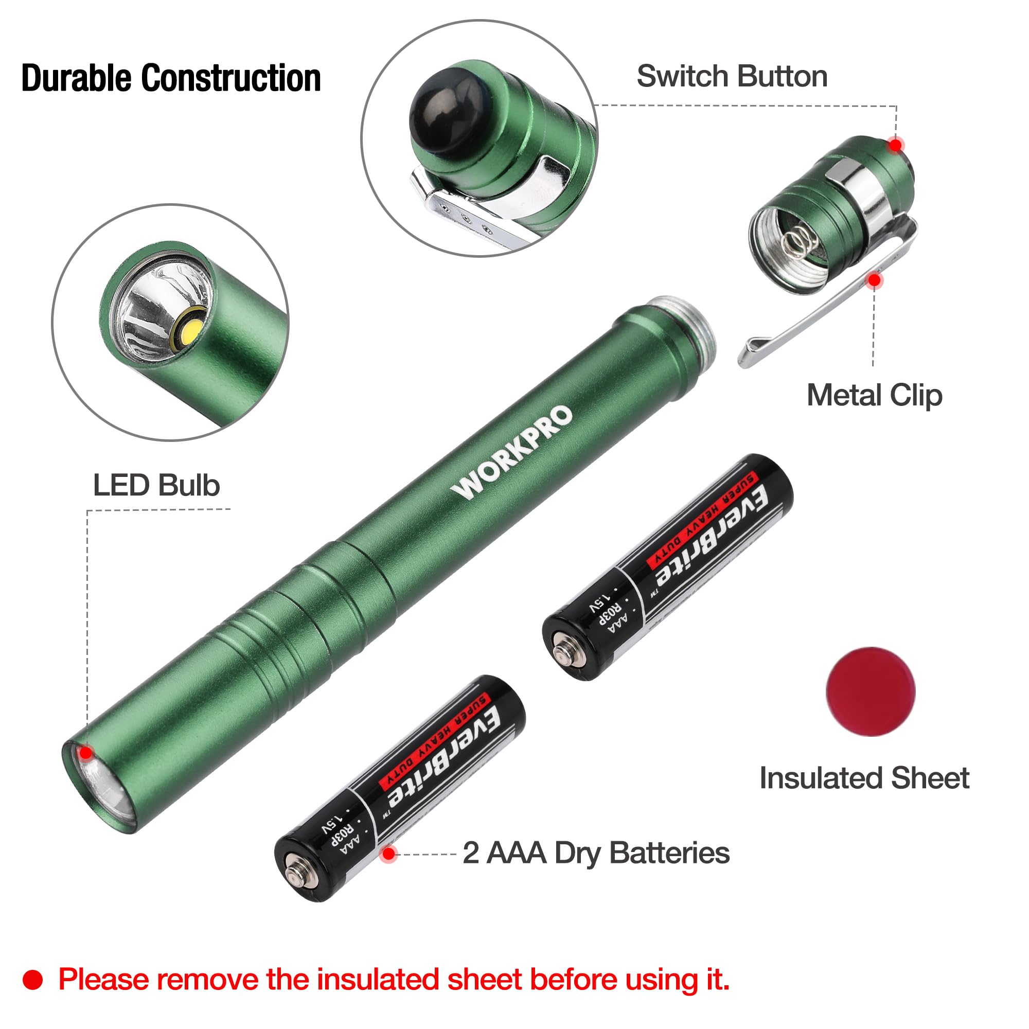 Workpro 4 Pack Blue Pen Light Set & 4 Pack Green Pen Light Set