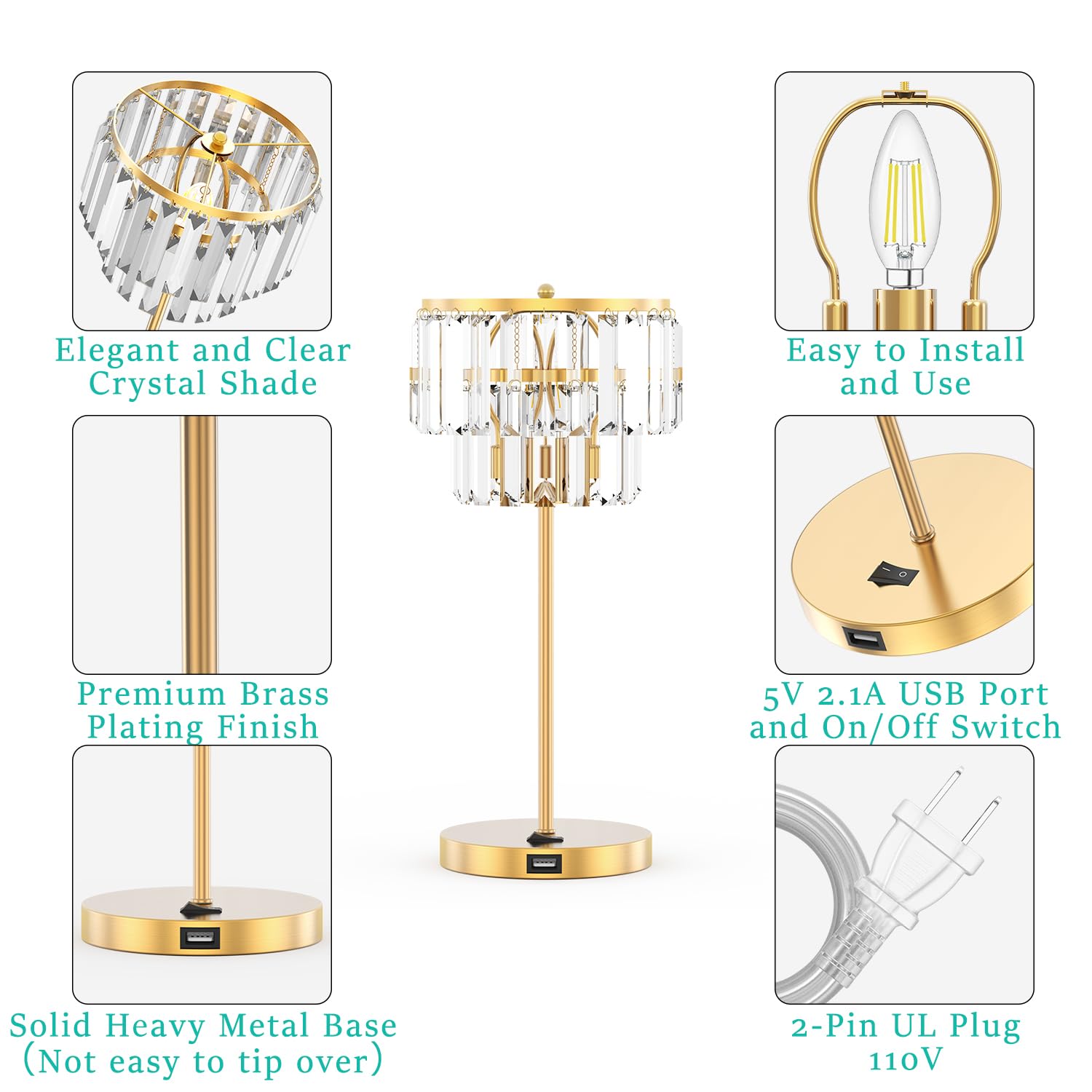 Doraloko Bedside Lamp For Bedroom, Gold Crystal Table Lamp 18 Inches, Tiffany Clear Crystal Drops, Usb Charging Port, E12 Socket, 6W Led Bulb Included, Golden Decorative Desk Light(1 Pack, Brass Finish)
