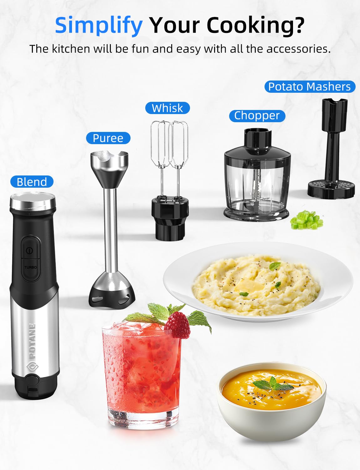 Potane Immersion Blender, Heavy Duty Copper Motor, Stainless Steel Smart Stick With Egg Beaters, Potato Masher, Chopper/Food Processor