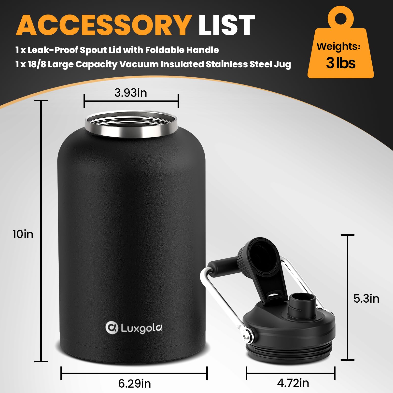 128 Oz Insulated Water Bottle With Spout Lid And Handle, One Gallon Stainless Steel Double Vacuum