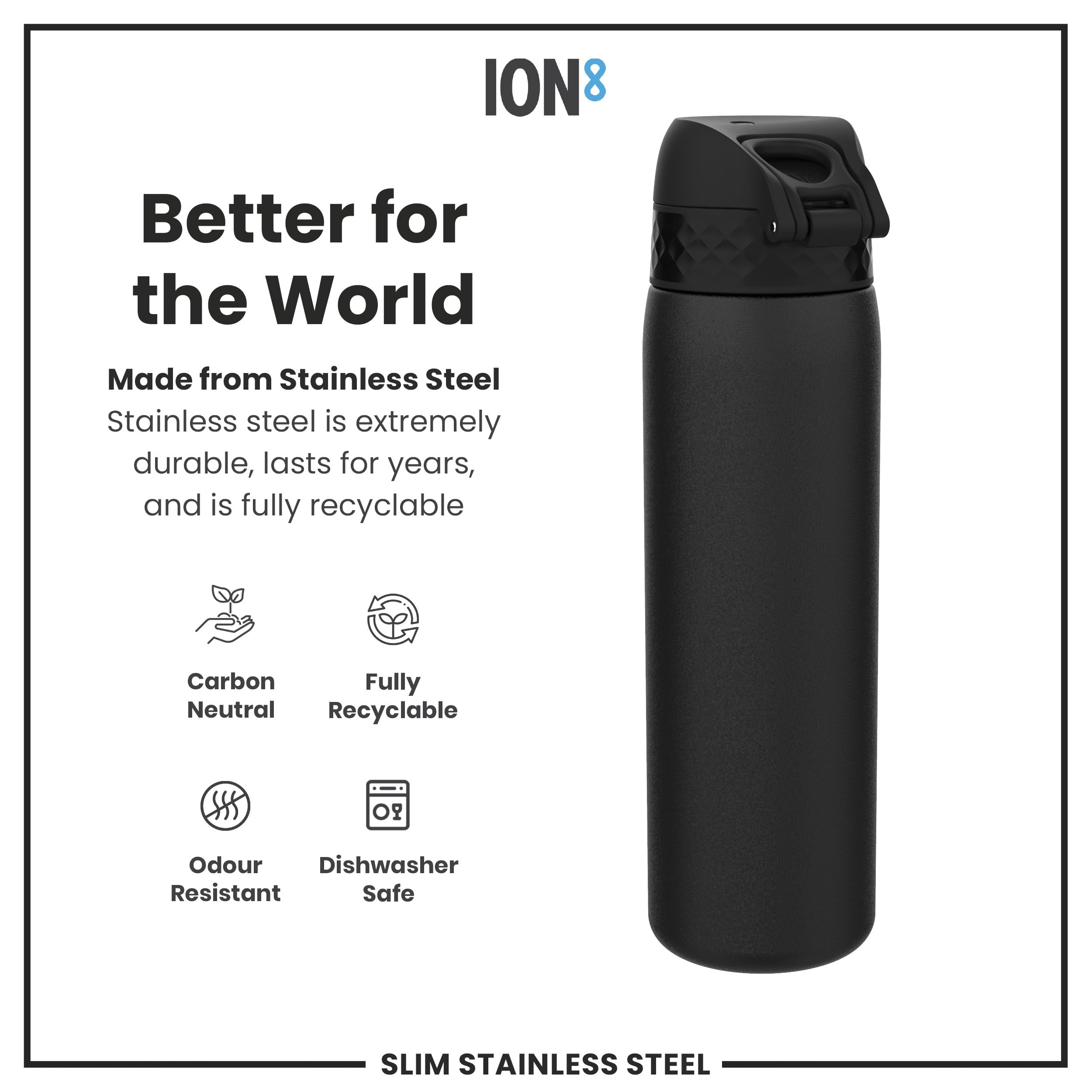 Ion8 Steel Water Bottle, 600 Ml/20 Oz, Leak Proof, Easy To Open, Secure Lock, Dishwasher Safe