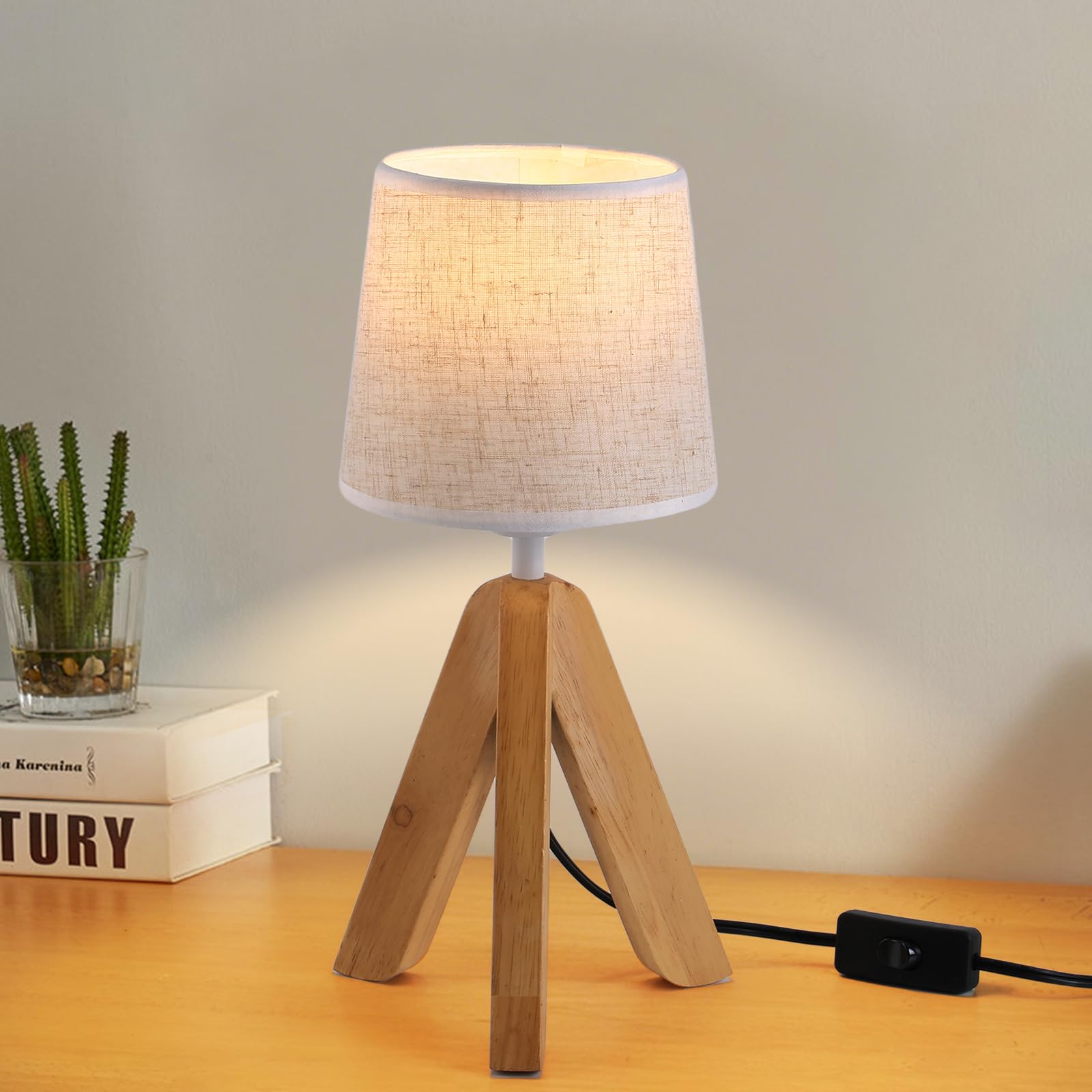 Cmhsytke Tripod Table Lamp, Wooden Base Small Lamp, Small Bedside Lamp With Fabric Lampshade, E26 Socket Nightstand Lamp For Nursery, Bedroom, Kid Room, Living Room, Office Decor