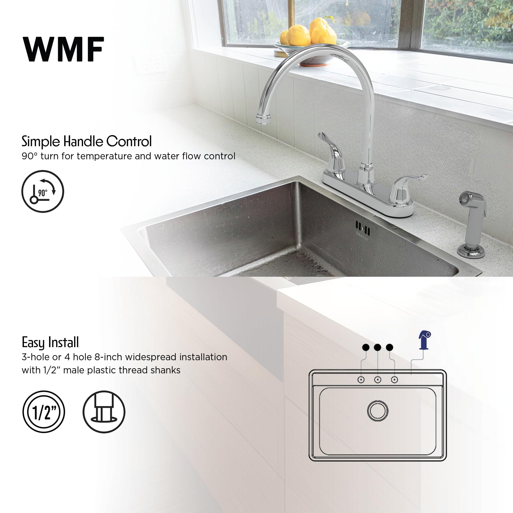 Wmf Rv Kitchen Sink Faucet With Side Spray, Full Swivel High Spout, Double Handle Kitchen Faucet, Chrome, For Mobile Home, Travel Trailer, Camper, Motorhomes, Camping Essentials, Rv Must Haves