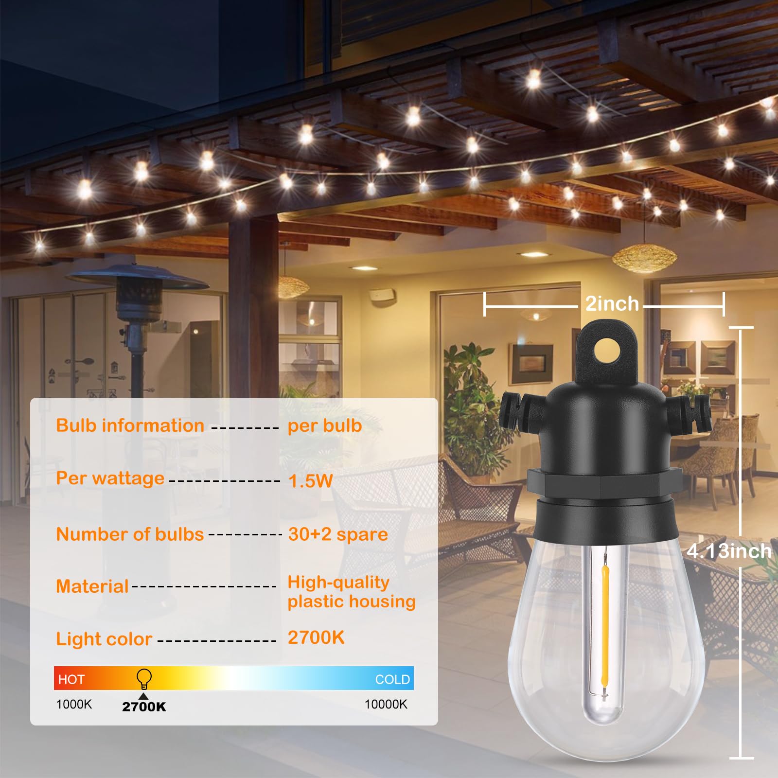 Dge Outdoor Long Led String Lights 96Ft Patio String Light Shatterproof & Waterproof Ip65, 18 Awg Ul Listed Wire Bright String Light For Patio, Backyard, Gazebo, Porch, Wedding Party