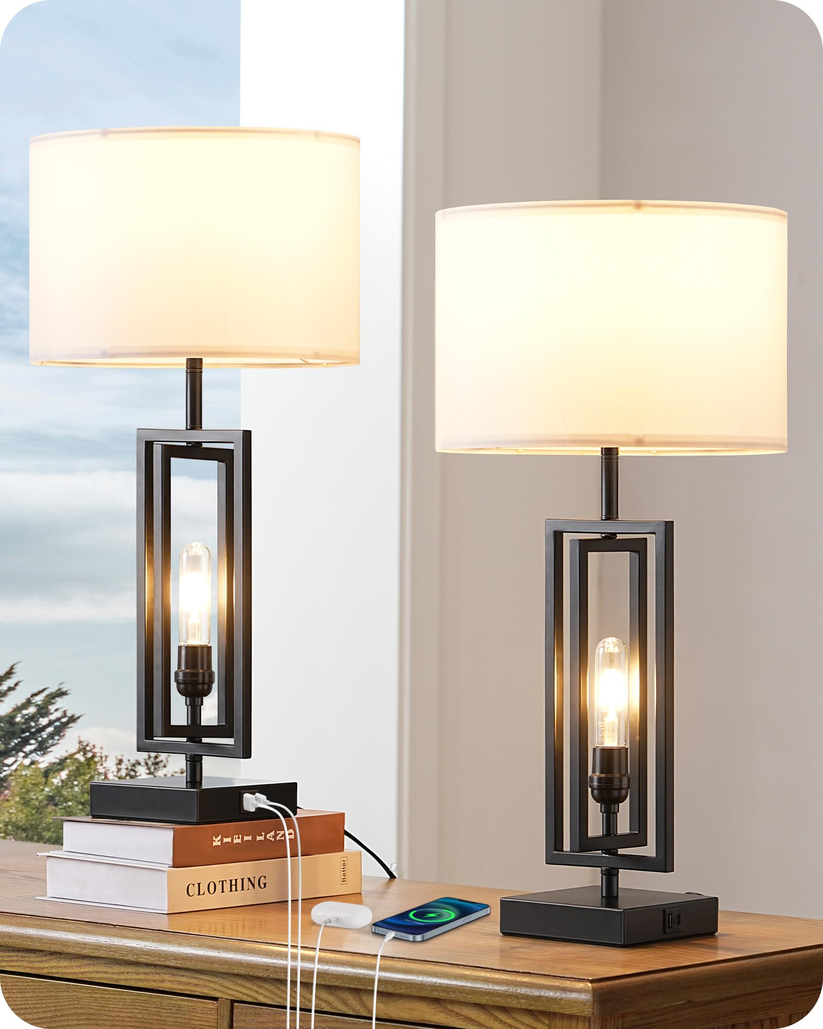 Edishine 25.6" Tall Table Lamp With Night Light, Farmhouse Bedside Lamp Set Of 2 With Usb Charging Ports, Touch 3-Way Dimmable Nightstand Lamp For Living Room, Bedroom, Home Decor