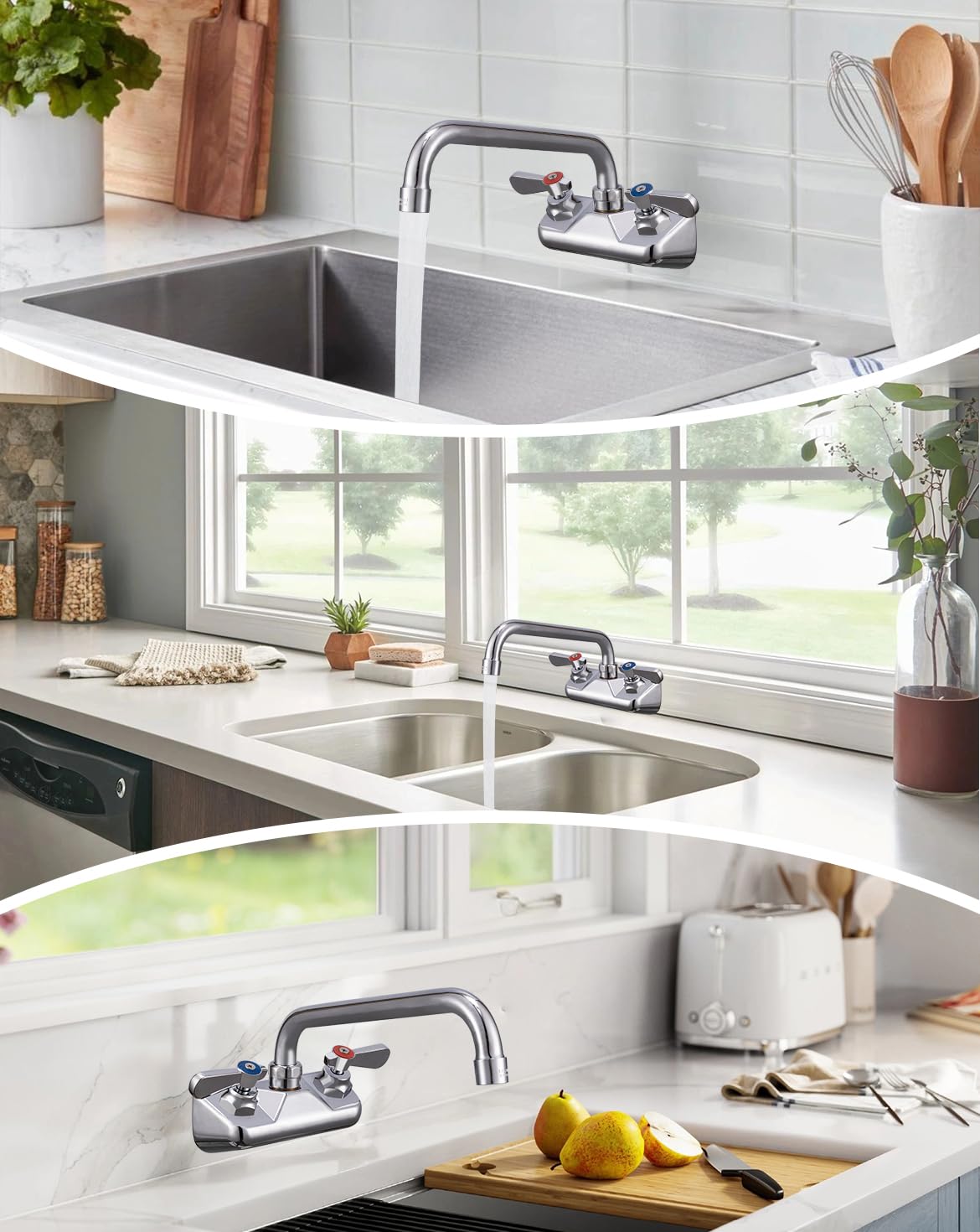 Phivan Commercial Kitchen Sink Faucet, 4 Inch Center, Wall Mount, 2 Hole, Brass, Polished Chrome, 12 Inch Swivel Spout, 360 Rotation, 1.8 Gpm, Modern Style, Silver