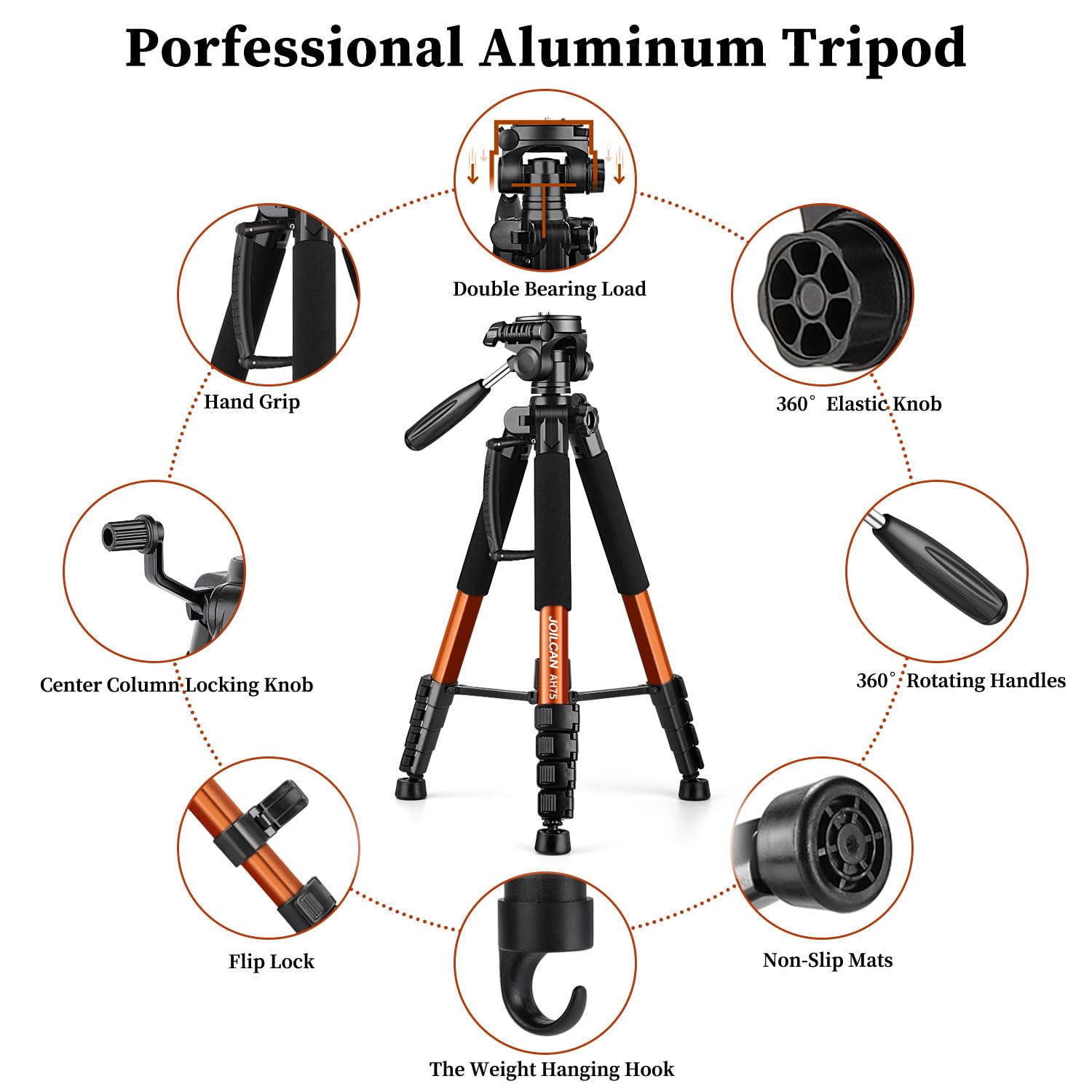 Joilcan Tripod Camera Tripods, 74" Tripod For Camera Cell Phone Video Photography, Heavy Duty Tall Cameras Tripod Stand, Professional Travel Dslr Tripods Compatible With Canon Iphone, Max Load 15 Lb