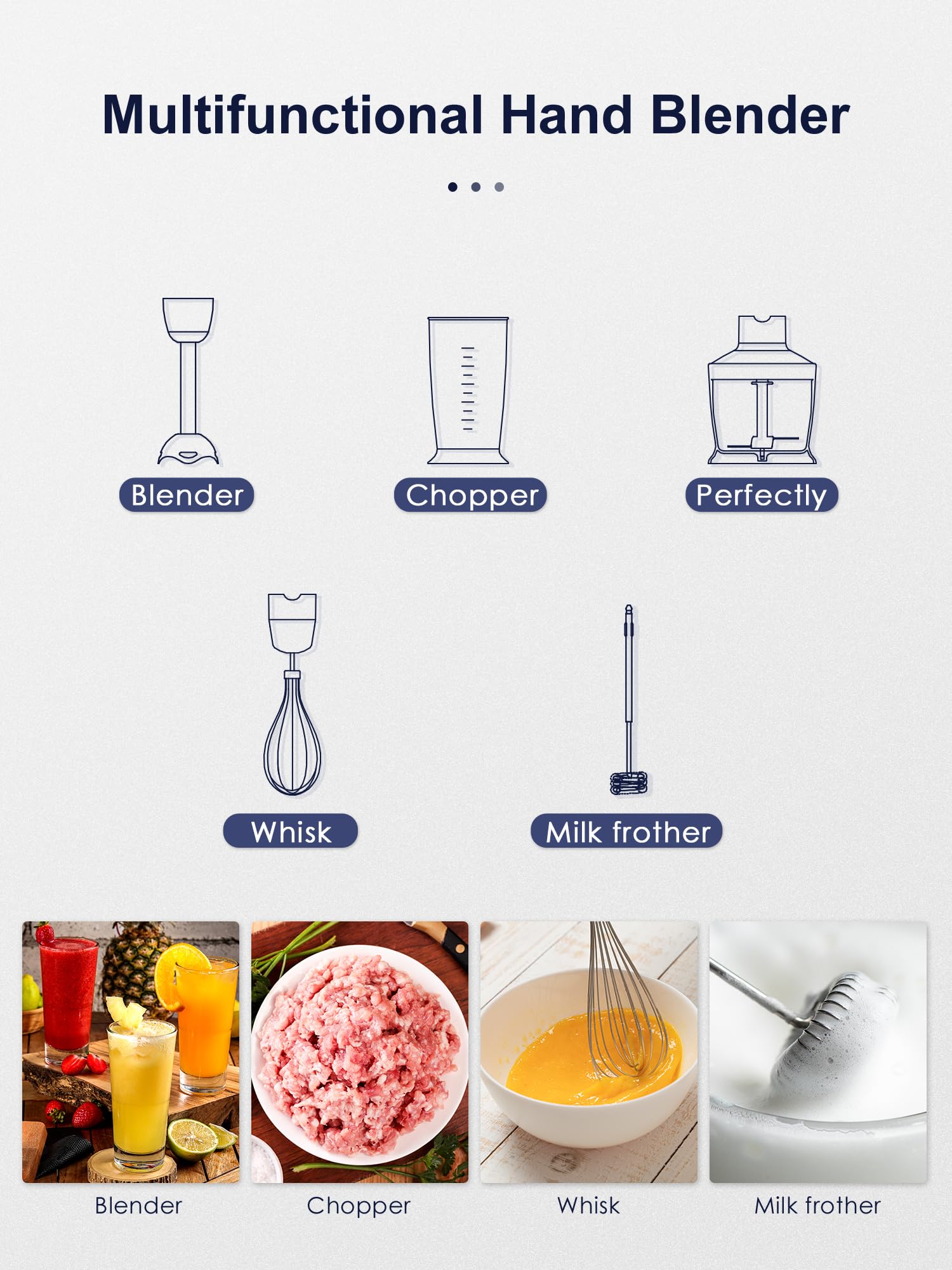 Reemix 5-In-1 Hand Immersion Blender 1000W Handheld Blender With Copper Motor, Stainless Steel Blade, Mixing Beaker, Food Processor, Whisk, Milk Frother For Smoothies, Puree, Baby Food (Gray)