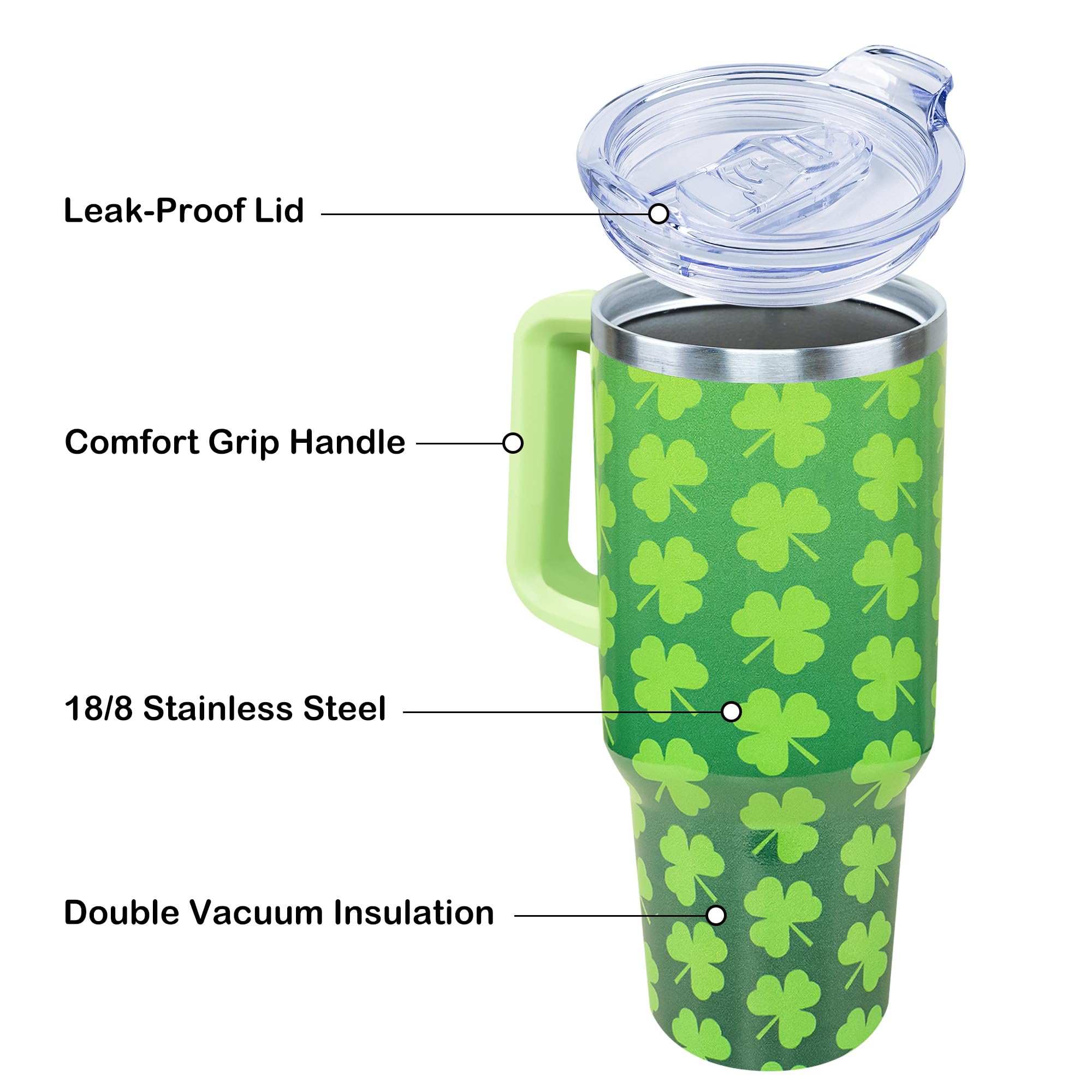 40Oz St Patricks Day Tumbler With Handle And Straw, Green Irish Shamrocks Stainless Steel
