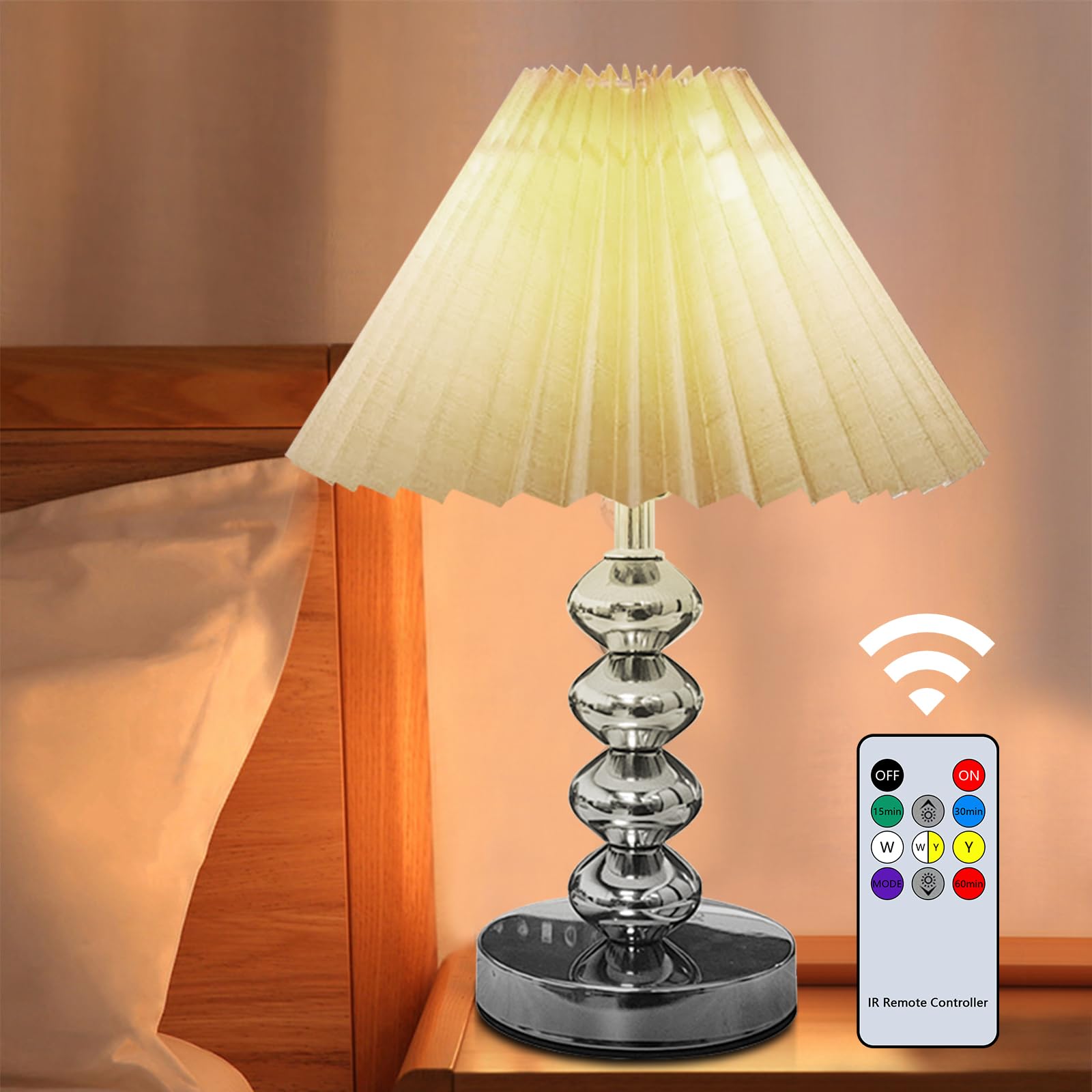 Aoteam Small Pleated Table Lamp, Modern Metal Base Nightstand Lamp With Beige Fabric Shade, Ideal For Bedroom, Living Room, Kids Room, And Study, A Cute Accent Lamp For Cozy Lighting (Silver)