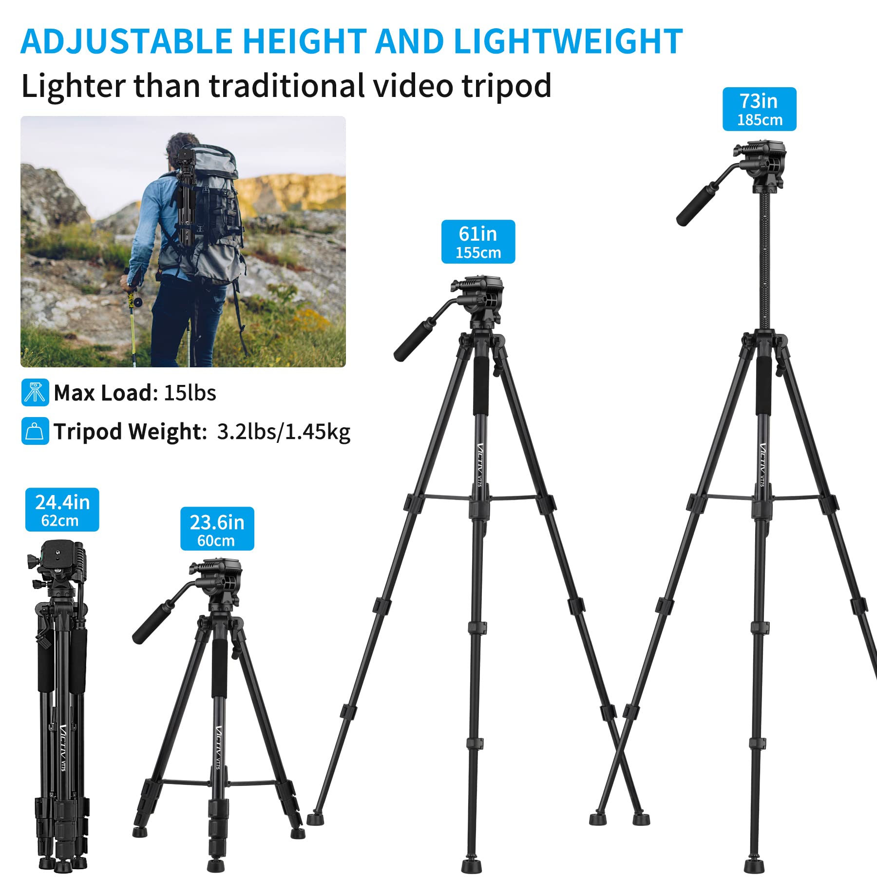 Victiv 73" Tripod For Camera With Fluid Head - Heavy Duty Stand For Dslr, Cell Phones, Spotting Scopes & Webcam - Complete Unit With Tablet & Phone Mount