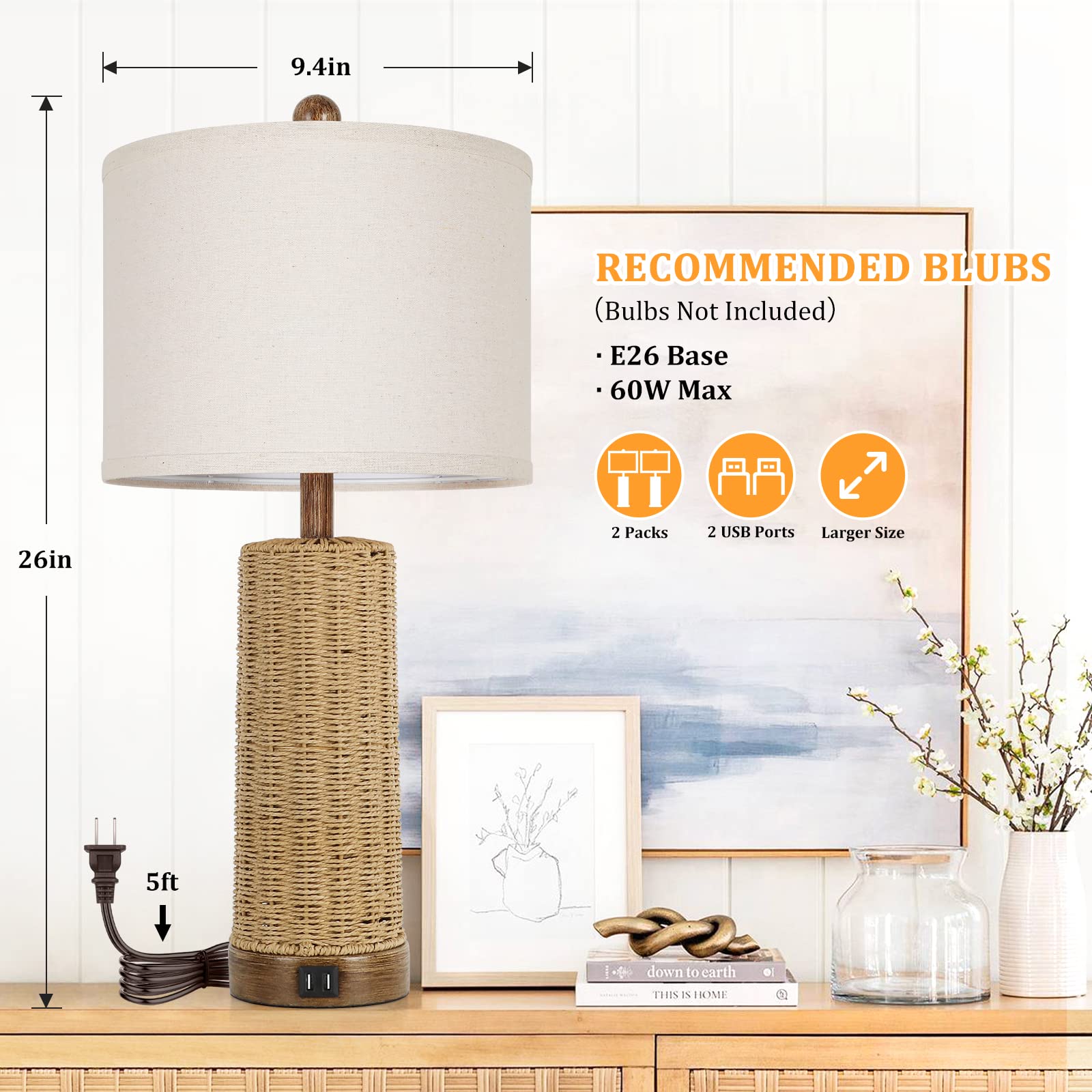 Beslowe 26" Coastal Table Lamps Set Of 2 With 2 Usb Ports, Rattan Nightstand Bedside Table Lamps For Living Room With Rotary Switch, Seagrass Farmhouse Desk Lamps For Bedroom Dorm Hotel