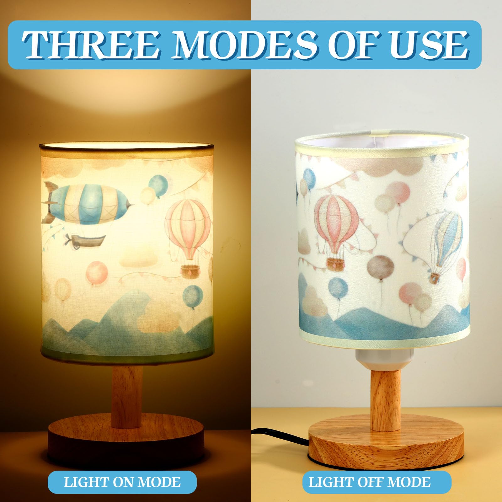 Vihose Hot Air Balloon Table Lamp For Bedroom Kids Bedside Lamp With Linen Wooden Nightstand Lamp Cartoon Nursery Lamp Lampshade For Girls Boys Living Room