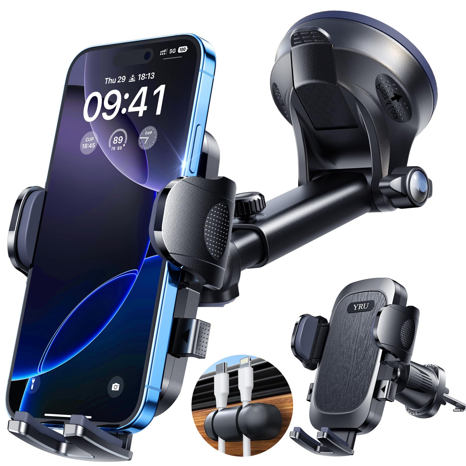 Yru 【 Military-Grade】Phone Holders For Your Car【 90+Lbs Strongest Suction & Clip】Cell Phone Mount Dashboard Windshield Vent Truck Automobile Cradle For Iphone 16 Pro Max 15 14 13 Android,Black
