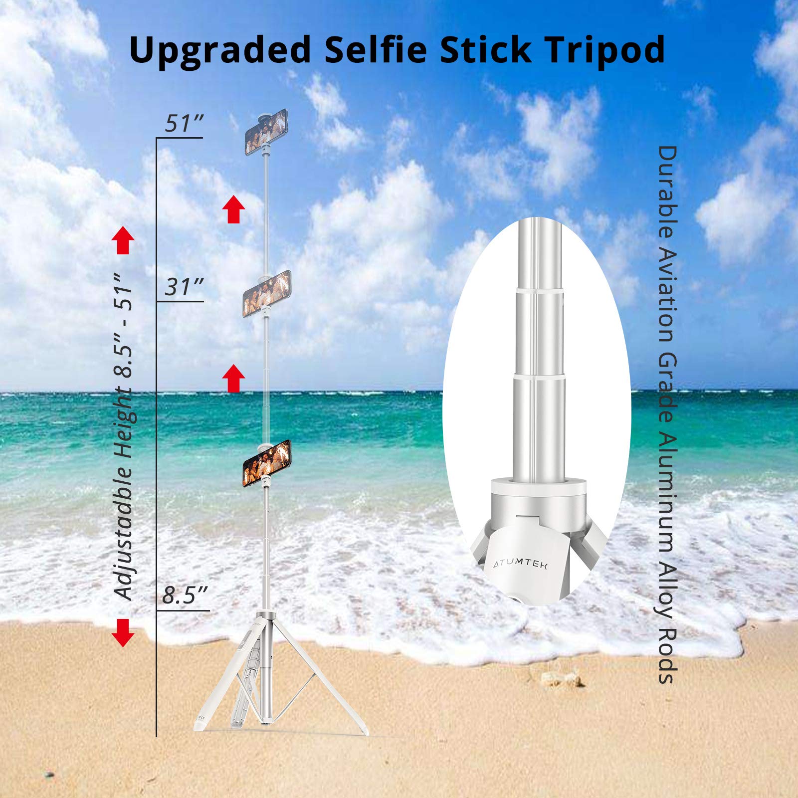 Atumtek 51" Selfie Stick Tripod, All In One Extendable Phone Tripod Stand With Bluetooth Remote 360° Rotation For Iphone And Android Phone Selfies, Video Recording, Vlogging, Live Streaming, White