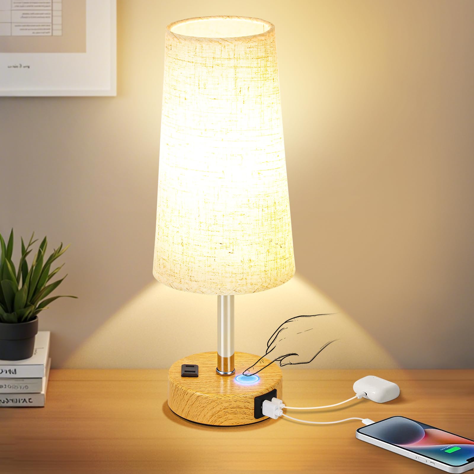 Eleutersun Touch Control Bedside Table Lamp For Bedroom, 3 Way Dimmable With Usb C Charging Ports And Ac Outlet, Small Nightstand Lamp For Living Room Office Dorm Home Office (Led Bulb Included)