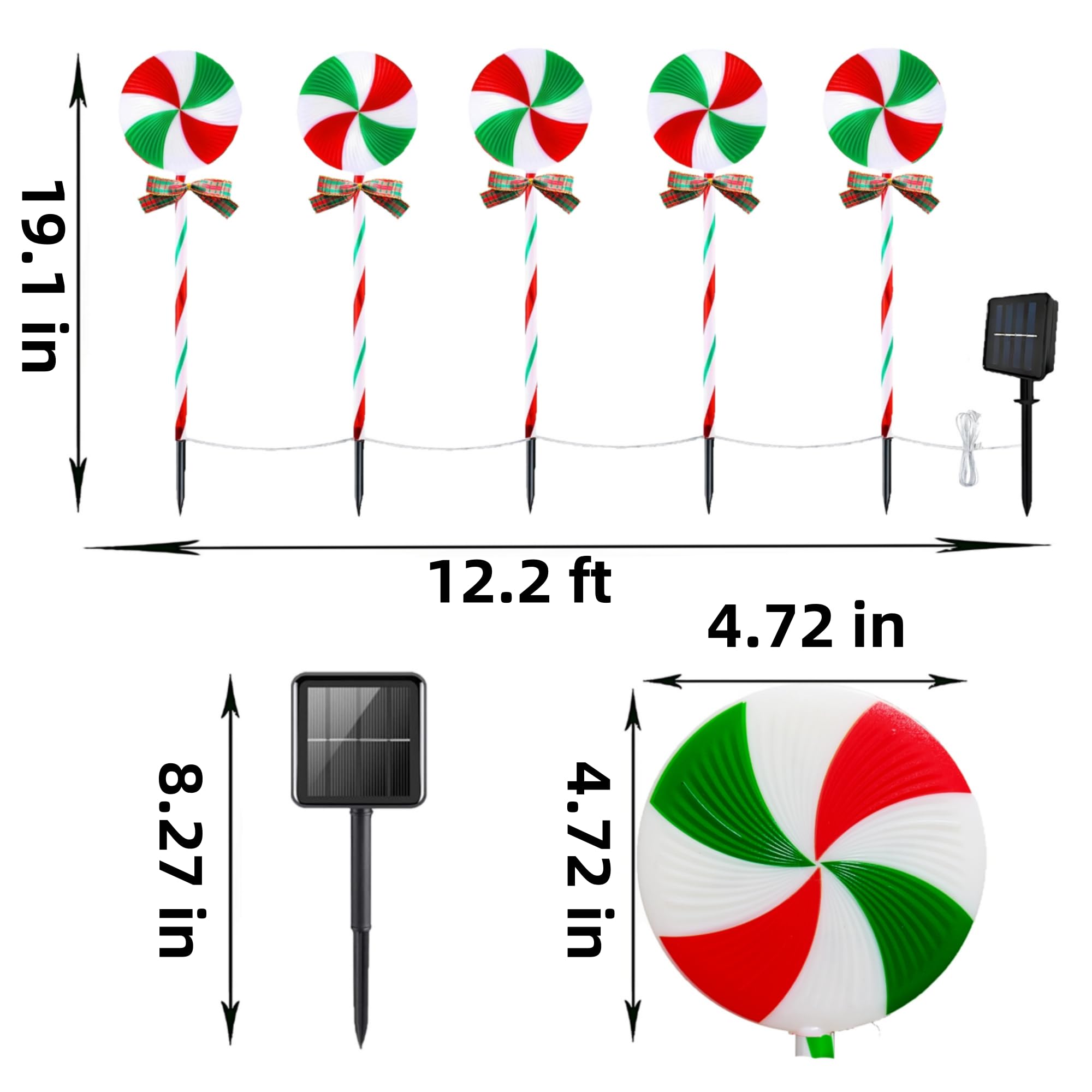 Ijmio 10 Packs Christmas Pathway Lollipop Lights With Bow Tie Solar Powered Outdoor Waterproof Xmas Candy Cane Path Landscape Decorative Stake Lights 2 Solar Panel + 10 Lights