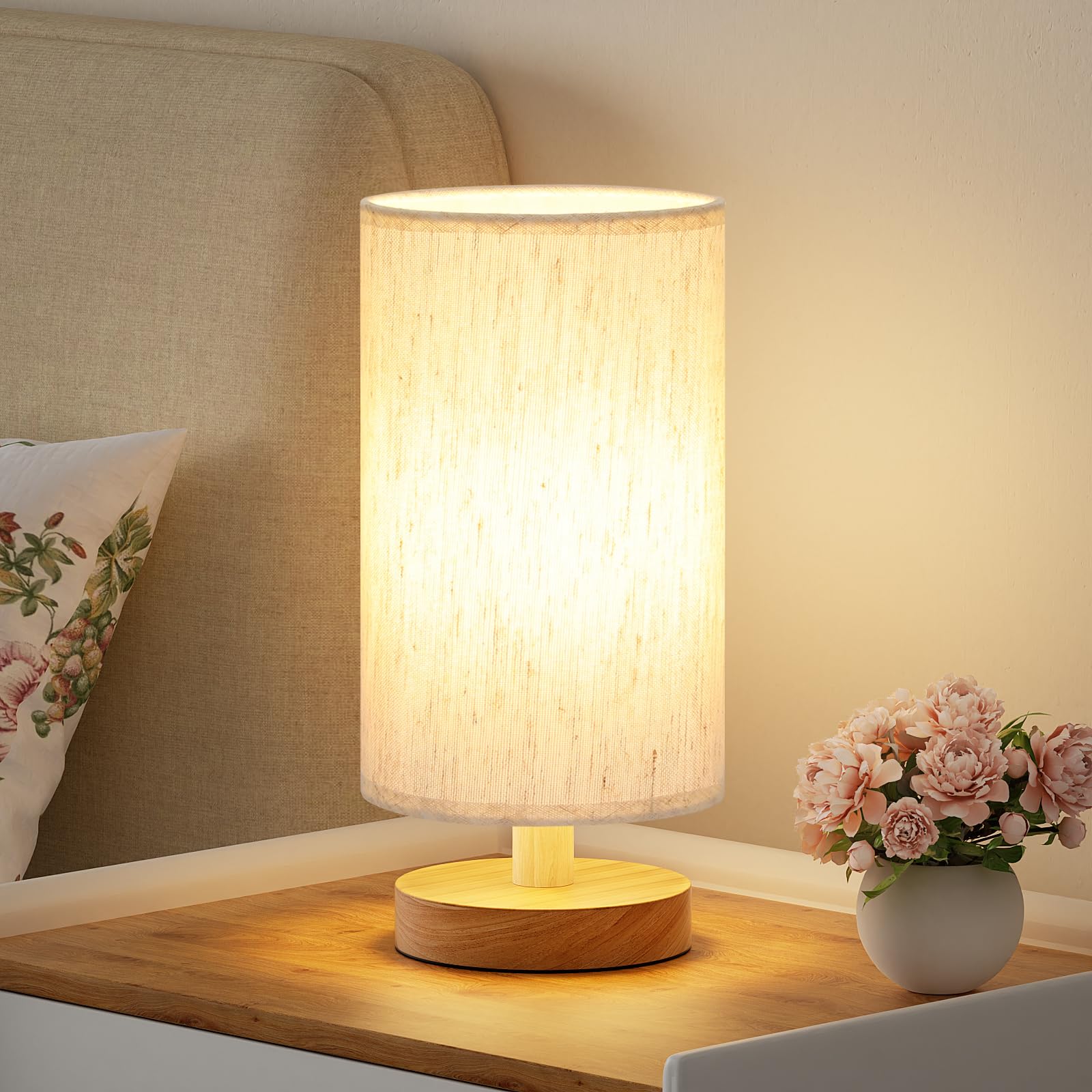 Fenmzee Small Table Lamp For Bedroom - Inline Control, Bedside Lamp With 3000K A15 Led Blub, Easy Assembly (Cream Shade - Wood Base, 9" Inline Control)