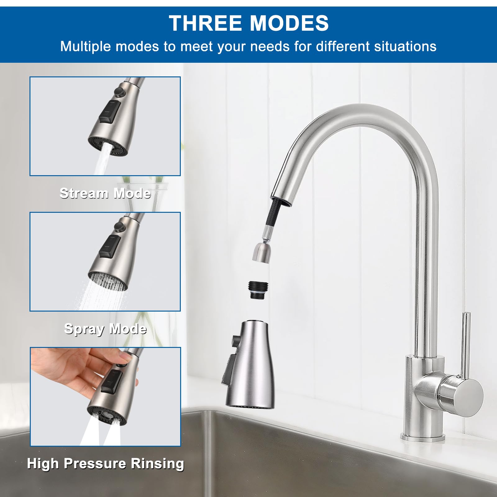 Xlajiao Kitchen Faucet Head Replacement, Premium 3 Function Pull Down Spray Head With 9 Adapters, Kitchen Sink Faucet Head Compatible With American Standard, Moen/Delta Faucets, Brushed Nickel