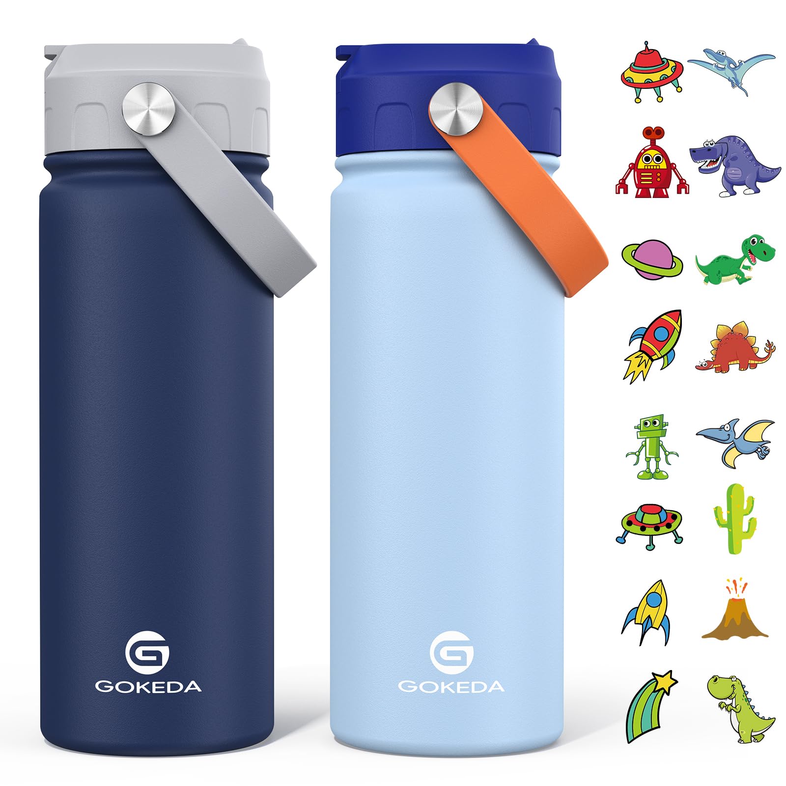 18Oz Kids Water Bottle, 2 Pack Insulated Bottles With Stickers, 18/8 Stainless Steel Vacuum Leak