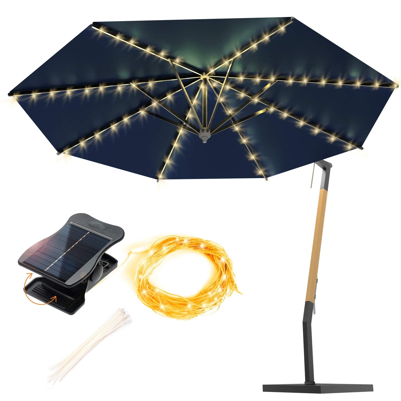 Vookry Solar Umbrella Lights Outdoor, Waterproof Solar Powered Patio Umbrella Lights Cordless 8 Modes Led Umbrella Patio Lights For Beach Tent Camping Garden Party Decoration(Warm White)