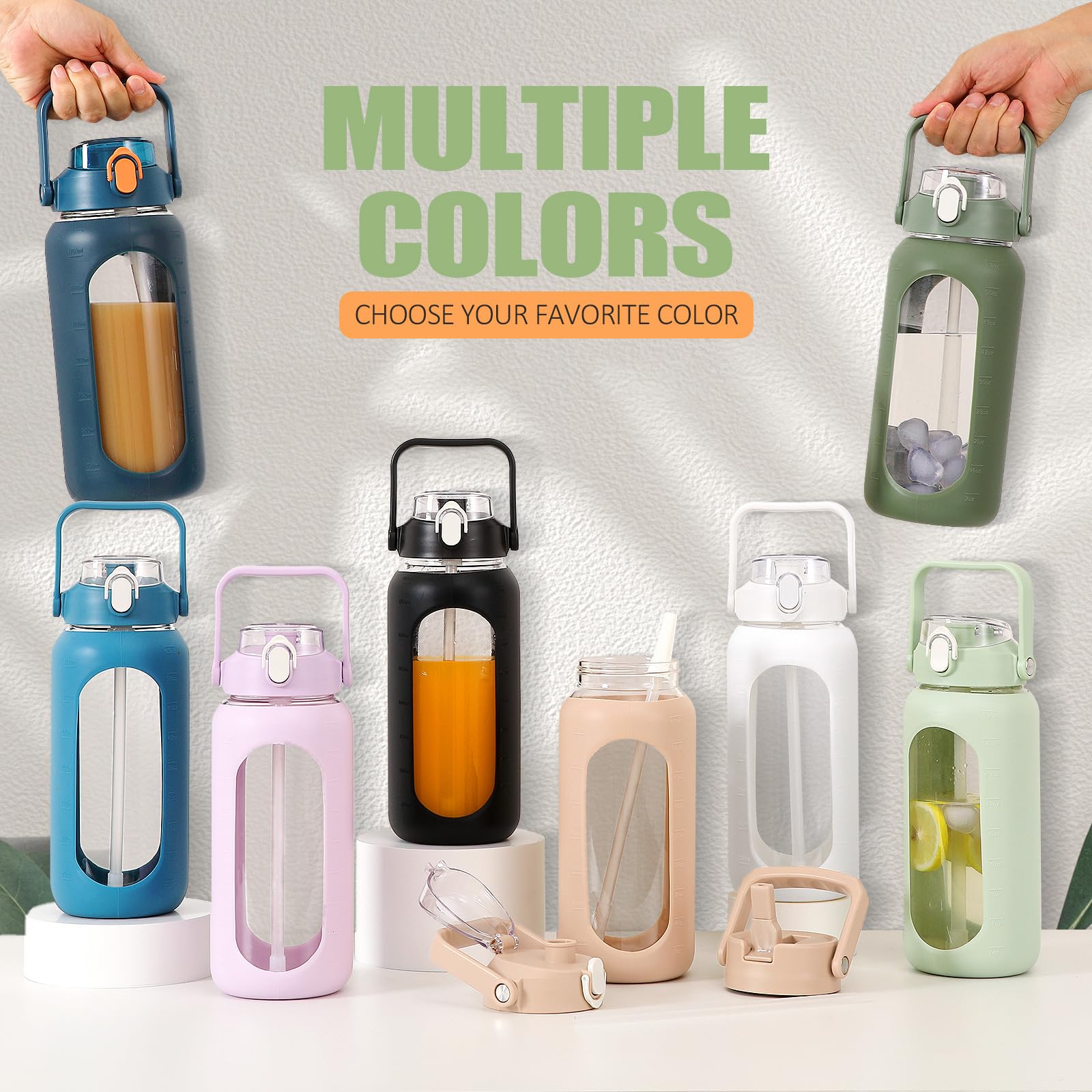 Bluego 64Oz Glass Water Bottles With 2 Lids Flip Lid And Spout Lid Half Gallon Water Bottle