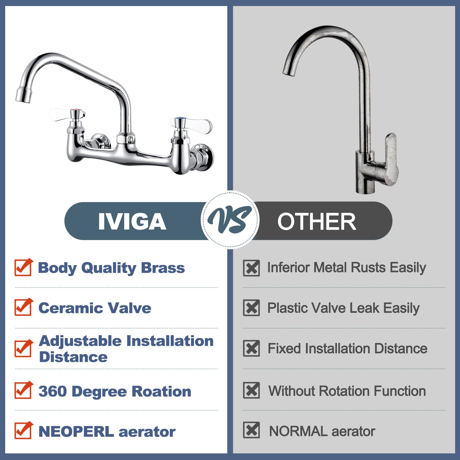 Iviga Commercial Sink Faucet With 8” Swivel Spout, 8" Center Wall Mount Kitchen Faucet, Dual Handles Brass Utility Sink Faucet For Laundry Room Restaurant Compartment Sink, Polish Chrome