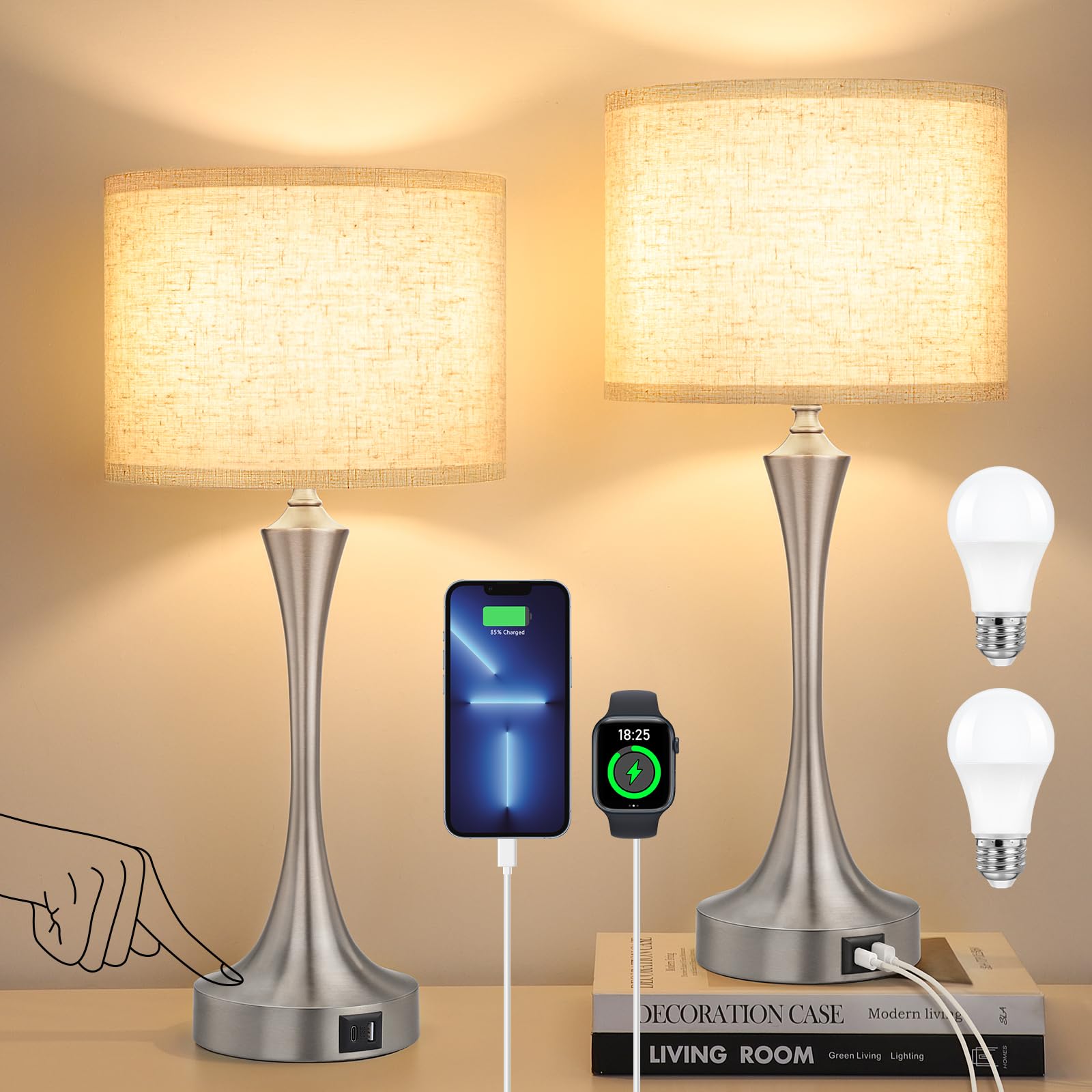 Ggoying 22” Touch Control Table Lamp Set Of 2, 3 Way Dimmable Nightstand Lamp With Usb A+C Ports, 3000K Led Bulbs, Fabric Lampshade Brush Nickel Bedside Lamp For Bedroom, Silver
