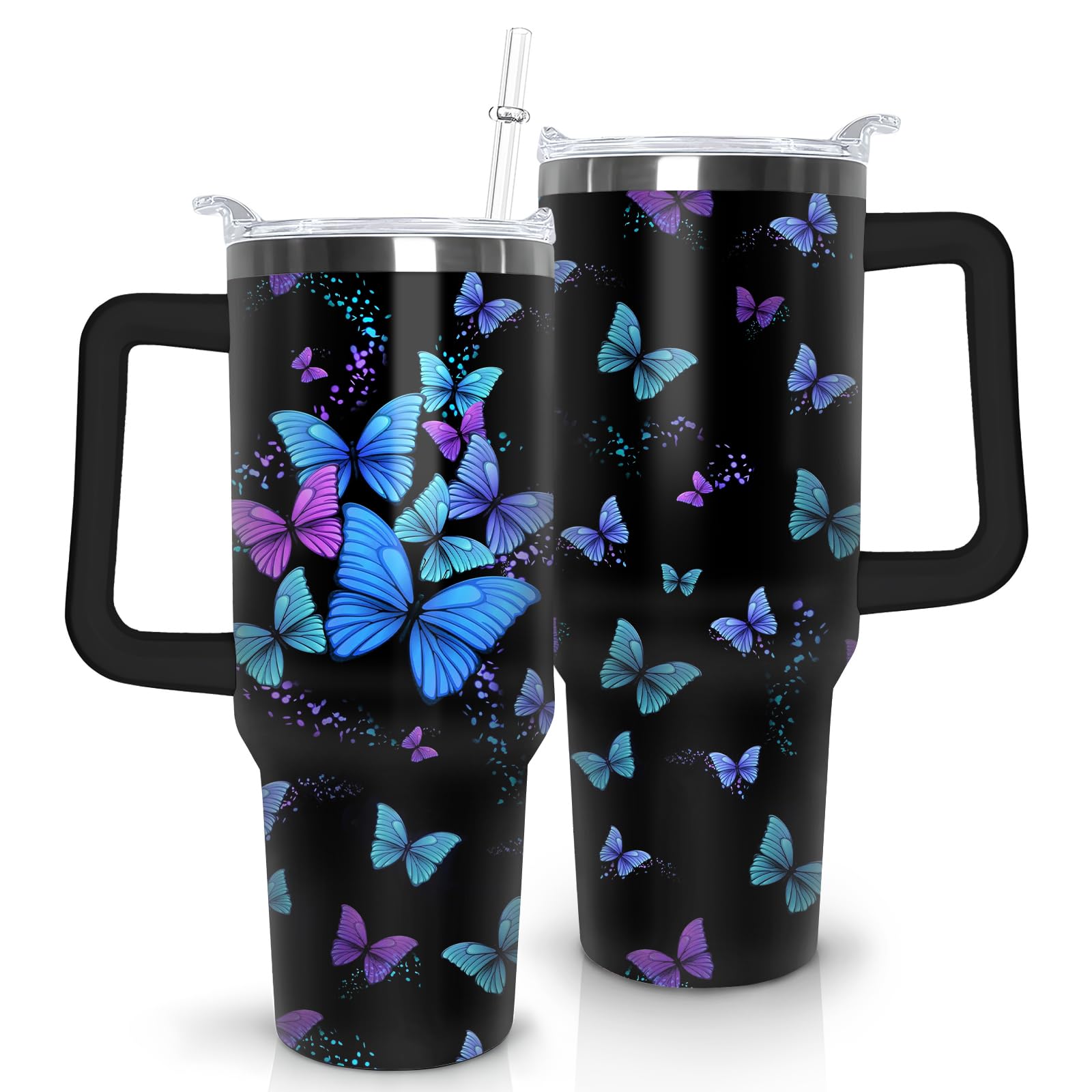 Butterfly Tumbler With Lid, Straw And Handle - 40Oz Stainless Steel Travel Coffee Mug Water Bottle