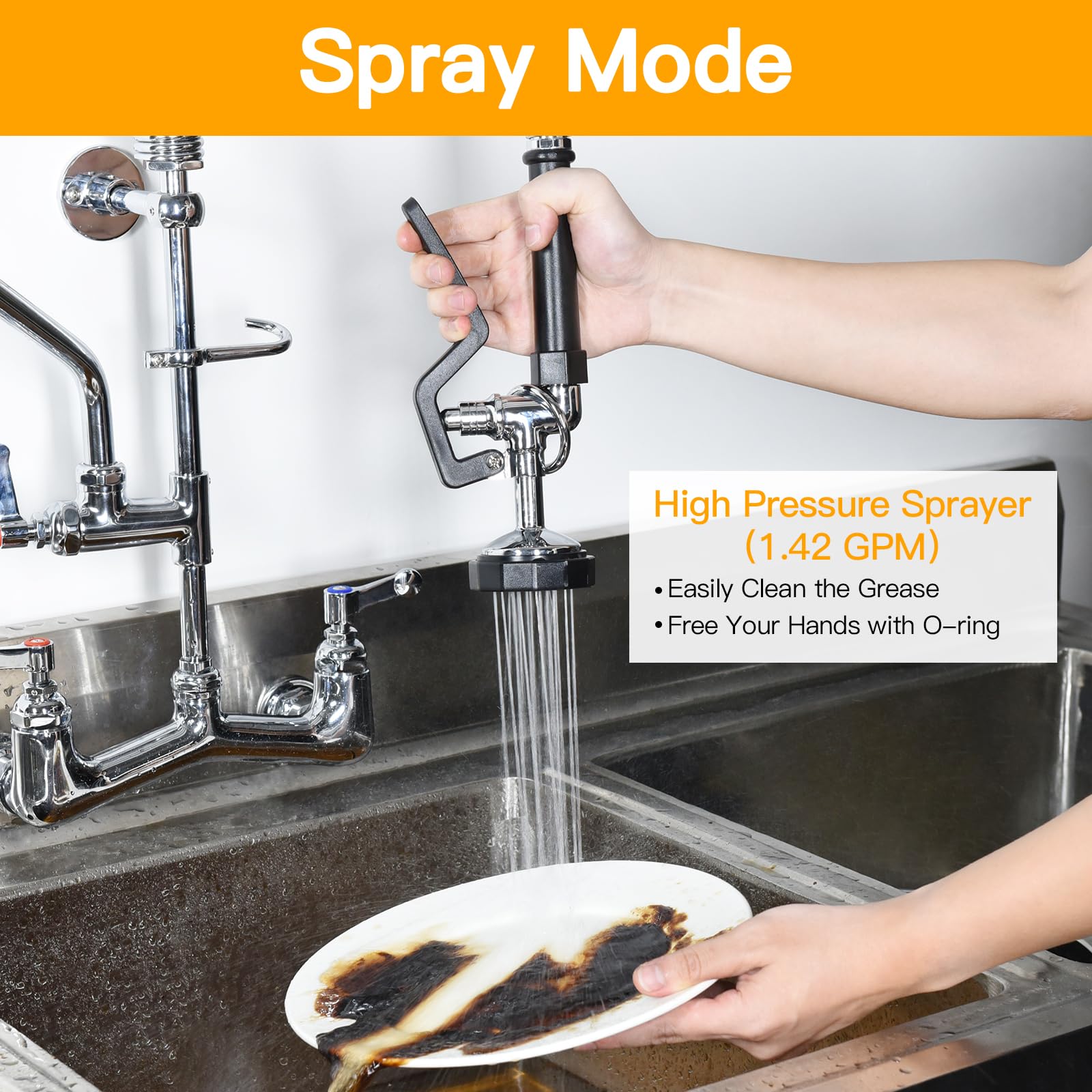 Fauaid Commercial Sink Faucet With Sprayer 36"Height 8"Center Brass Constructed Wall Mount Commercial Kitchen Faucet With Pull Down Pre-Rinse Sprayer And 12" Swing Spout For 2/3 Compartment Sink(36")