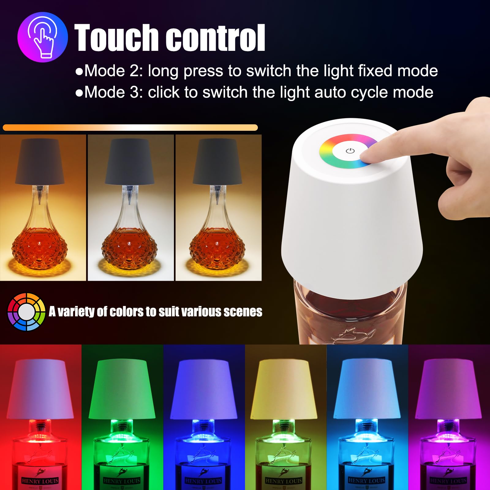 Tgxcf Wireless Bottle Lamp With Metal, Rgb Modes & 3 Color Stepless Dimming Wine Bottle Lamp Shade With 2500Mah Battery, Touch Led Rechargeable Dimmable Bottle Table Lamp, For Dining Room Bedroom Bar