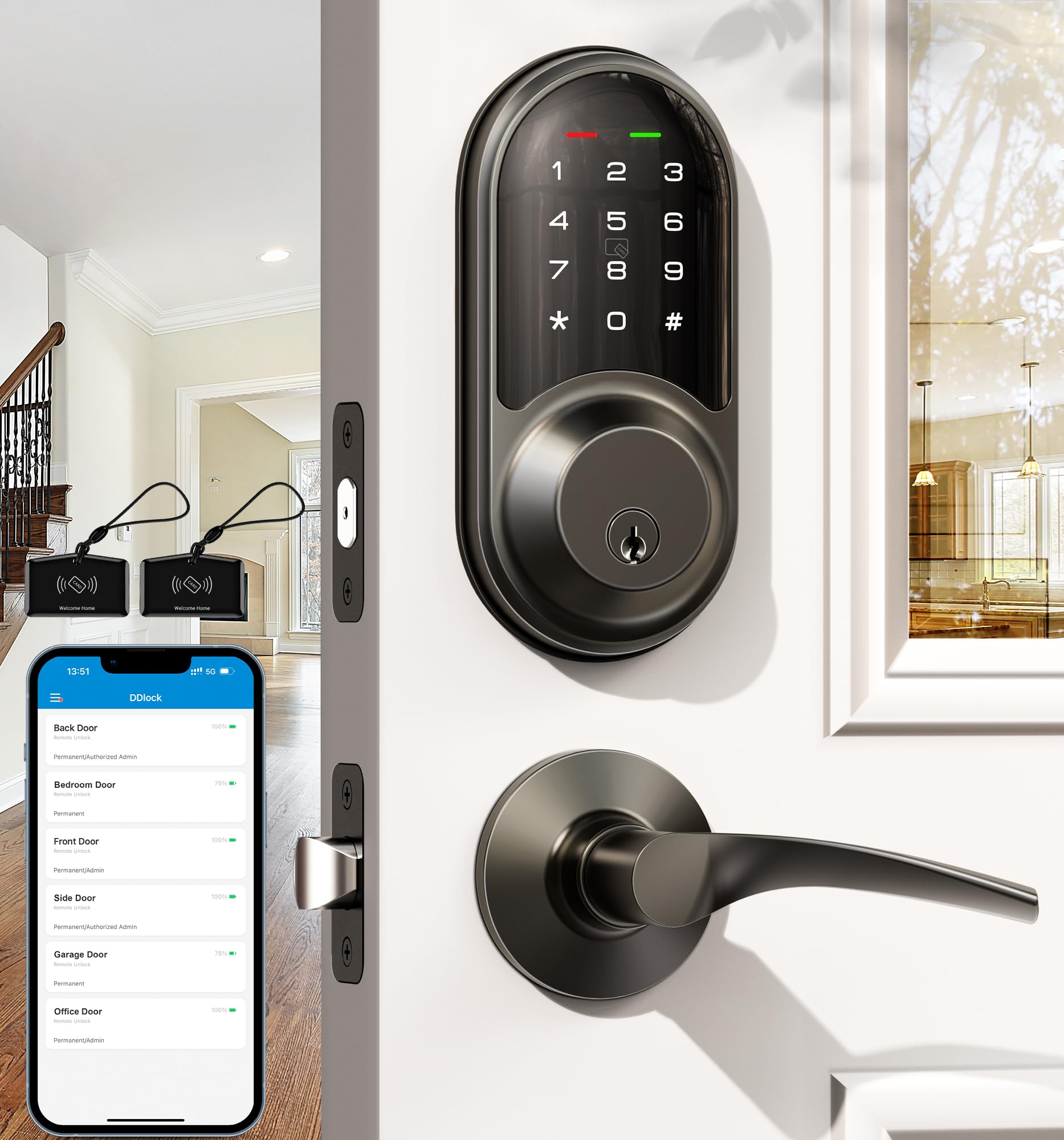 Veise Rz06B Smart Locks For Front Door, 2 Lever Handle Set, Keyless Entry Deadbolt, App Control, Electronic Digital Touchscreen Keypad, Auto Lock, Ip54 Waterproof, Easy Installation, Matte Black