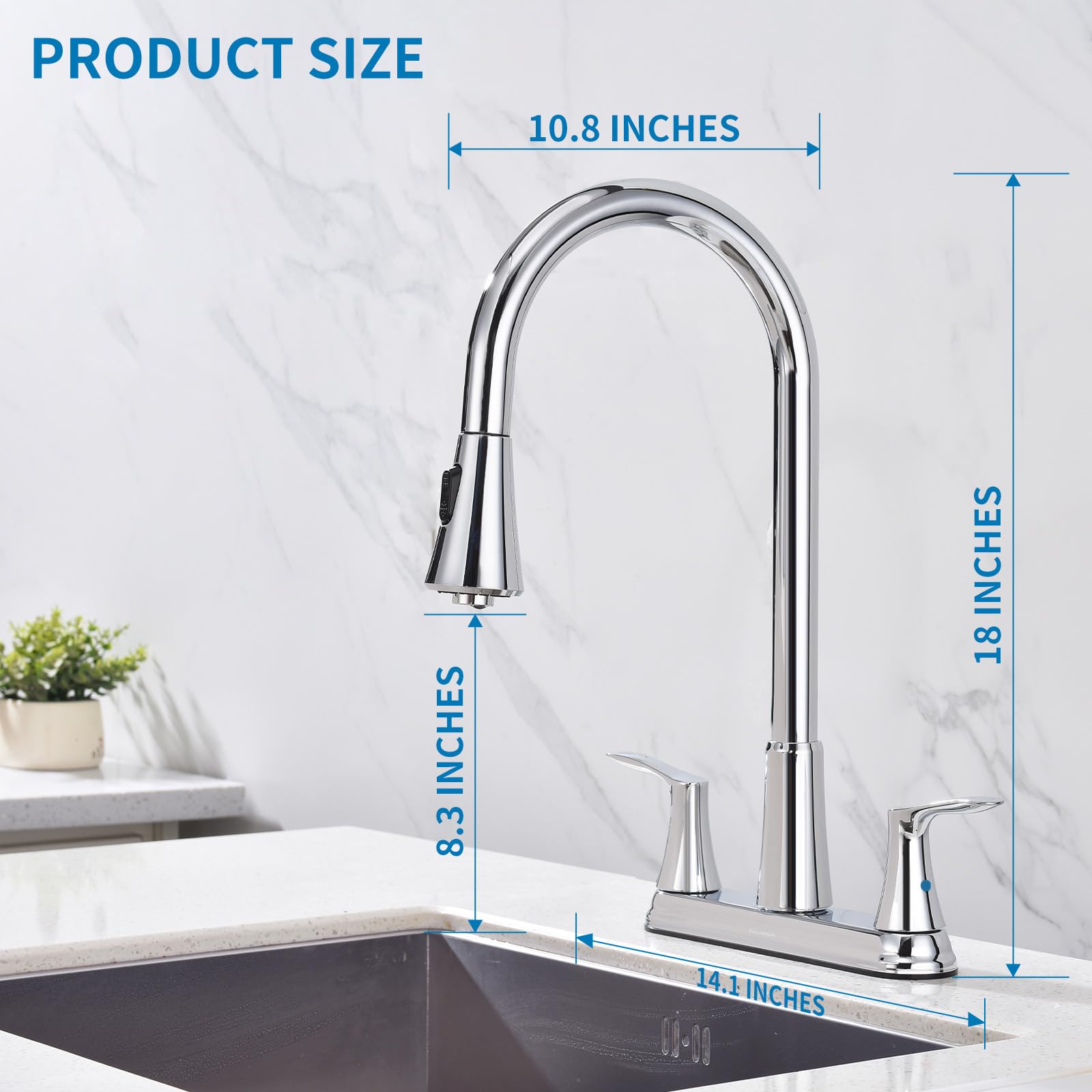 Homelody 2 Handles Kitchen Faucet With Pull Down Sprayer For 3 Hole Sink, 8 Inch 360° Rotating Spout Centerset Kitchen Sink Faucet With Water Lines Chrome