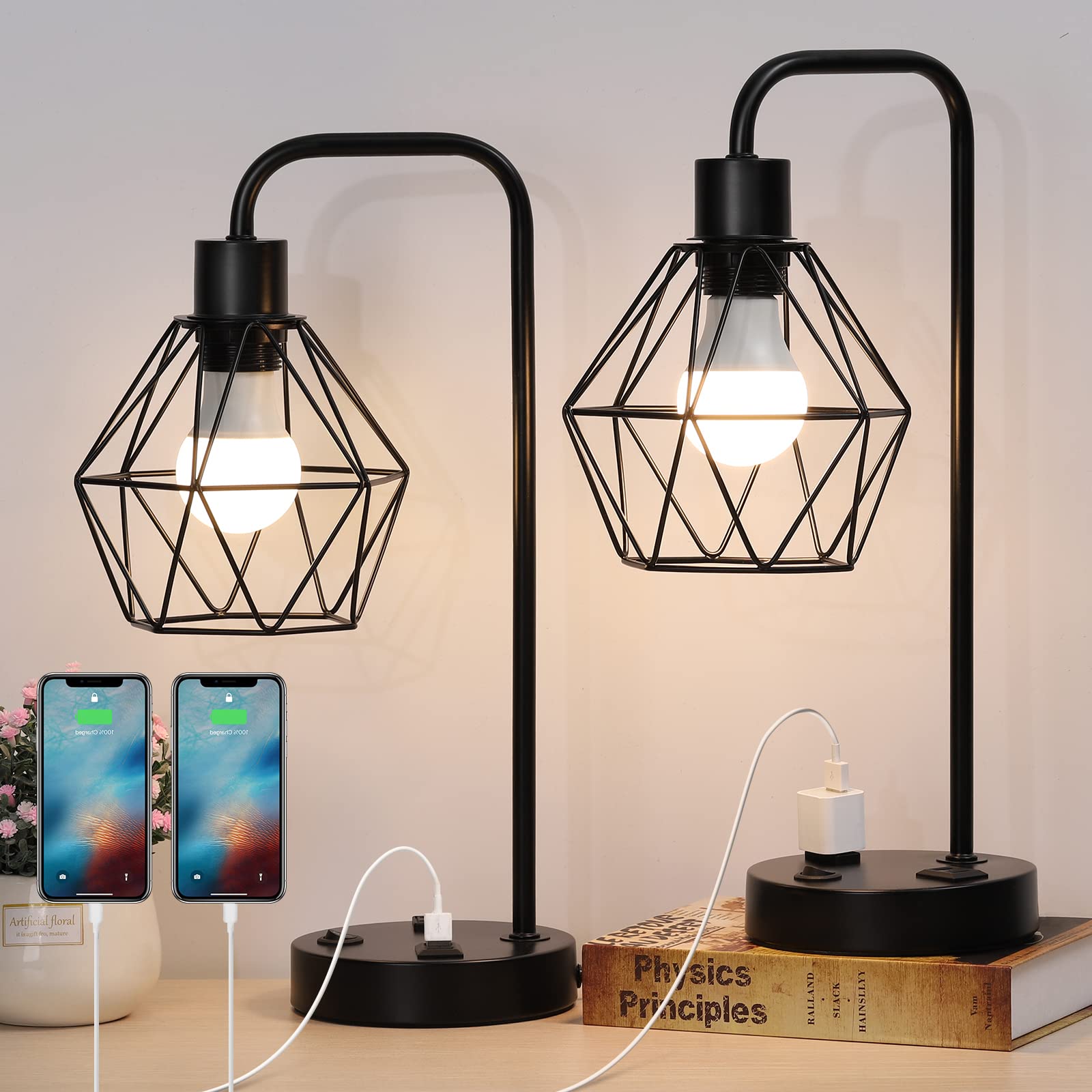Bty Industrial Table Lamps Set Of 2 Vintage Desk Lamp Metal Cage Nightstand Bedside Lamp With Dual Usb Charging Ports And Ac Outlet For Bedroom Living Room Office (Black)