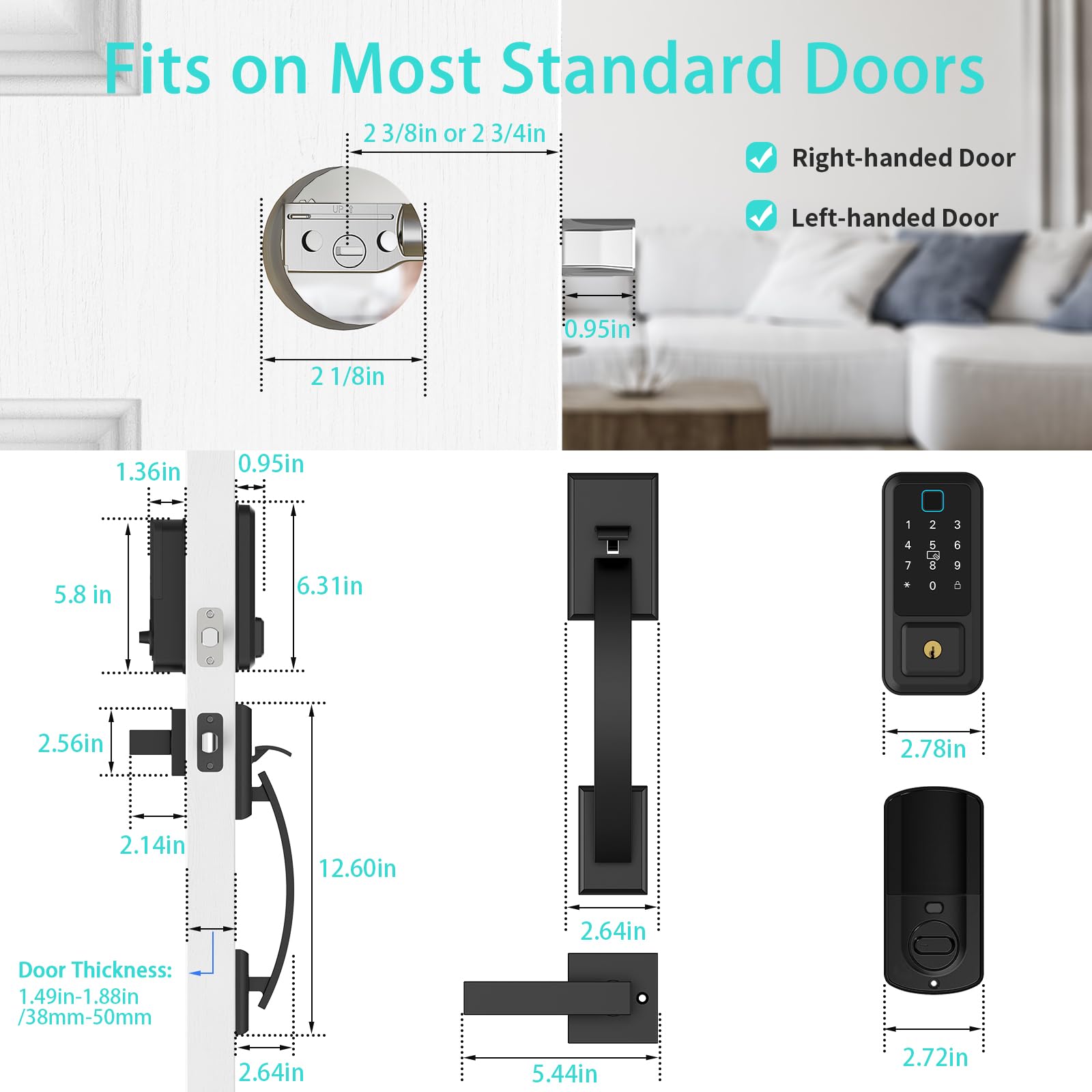 Cinop Front Door Lock Set 5 In 1 - Wifi Remote Control Unlock, Smart Locks For Front Door, Keyless Entry Door Lock Deadbolt With Handle Set, Bluetooth Enabled With Alexa Voice Control (Black)
