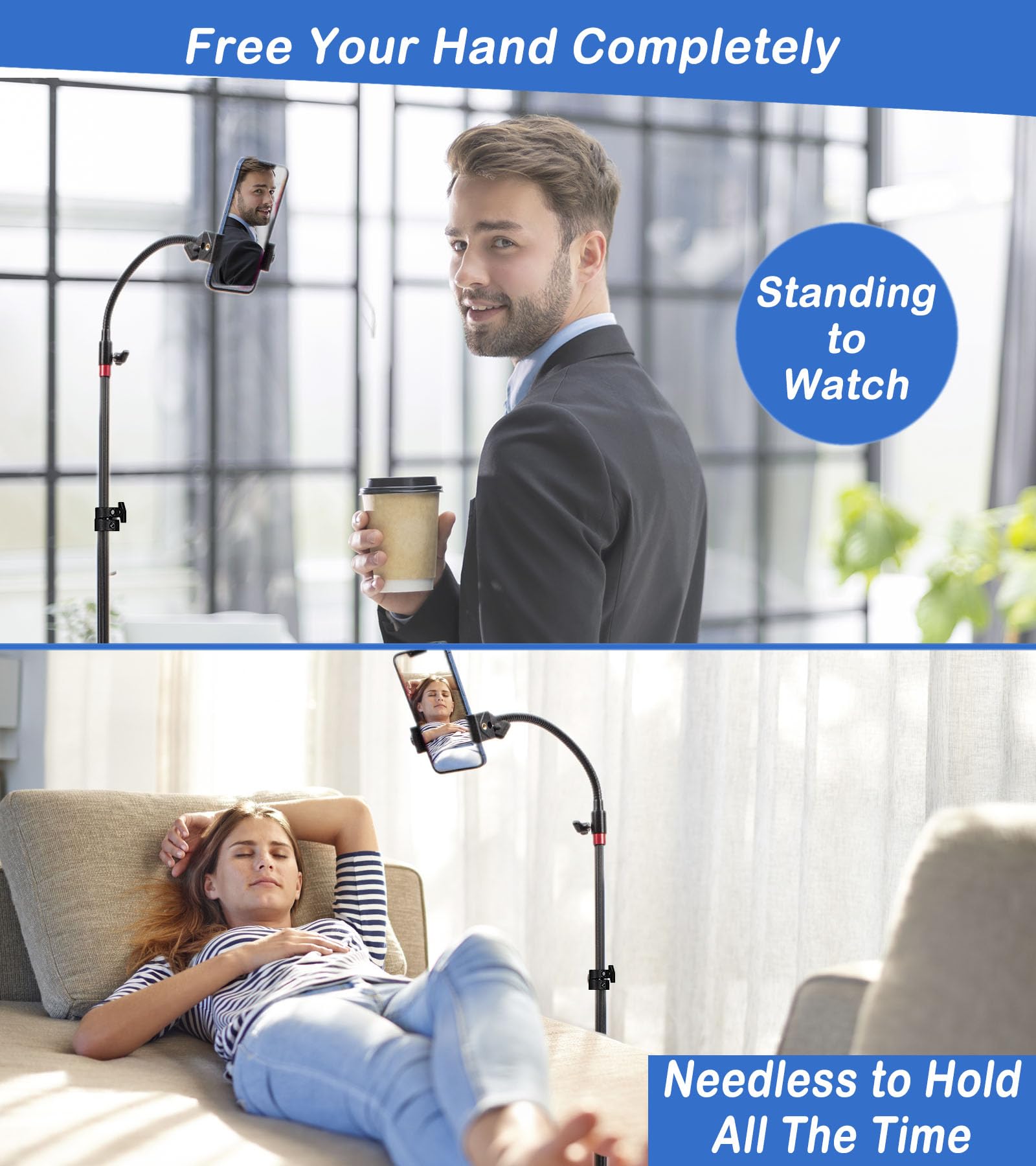 Qualiassu Adjustable Gooseneck Phone Tripod With Carry Bag, 360 Swivel Head, Clamp For Iphone 16/Pro/Pro Max/Plus/15/14/13/12/11, S22/S21