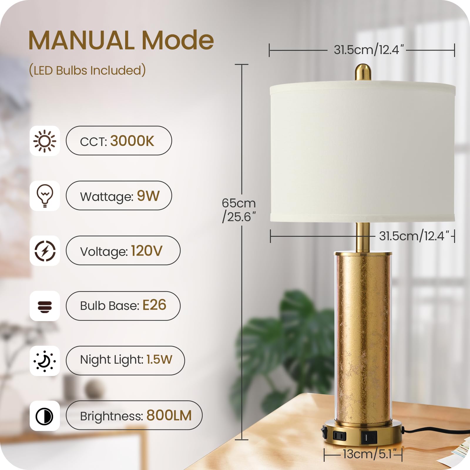 Goebleson 25.6" Modern Table Lamps Set Of 2, Tall Bedside Lamps With Nightlight, Nightstand Lamp With Ac Outlet, Usb A+C Ports, Desk Light For Bedroom, Living Room, Office, Led Bulbs Included W01Tl05