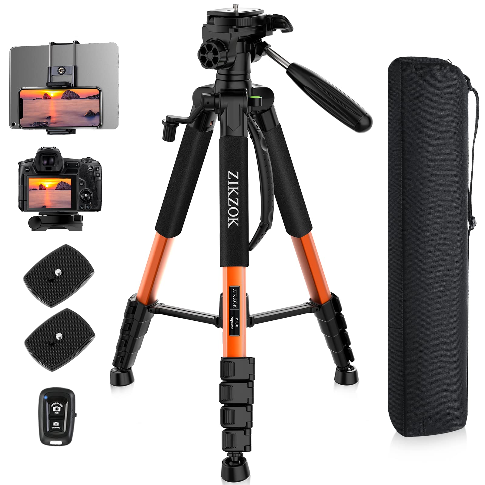 Zikzok 75Inch Camera Tripod For Ipad Iphone, Heavy Duty Aluminum Tripod With 360° Panoramic Ball Head,Compatible With Canon/Nikon/Sony Dslrs (Load 15 Lbs For Travel/Live Streaming/Macro Shooting)