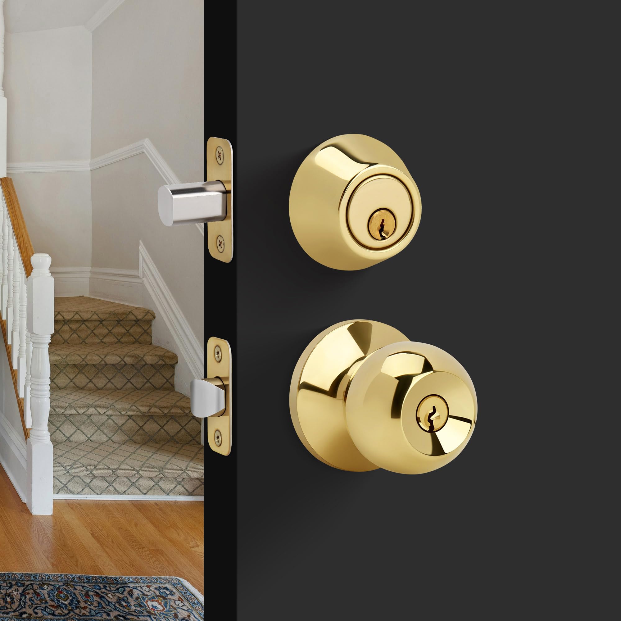 Loqron Round Design Single Cylinder Deadbolt With Keys, Exterior Keyed Dead Bolt Lock For Front Entrance Door Security, Polished Brass