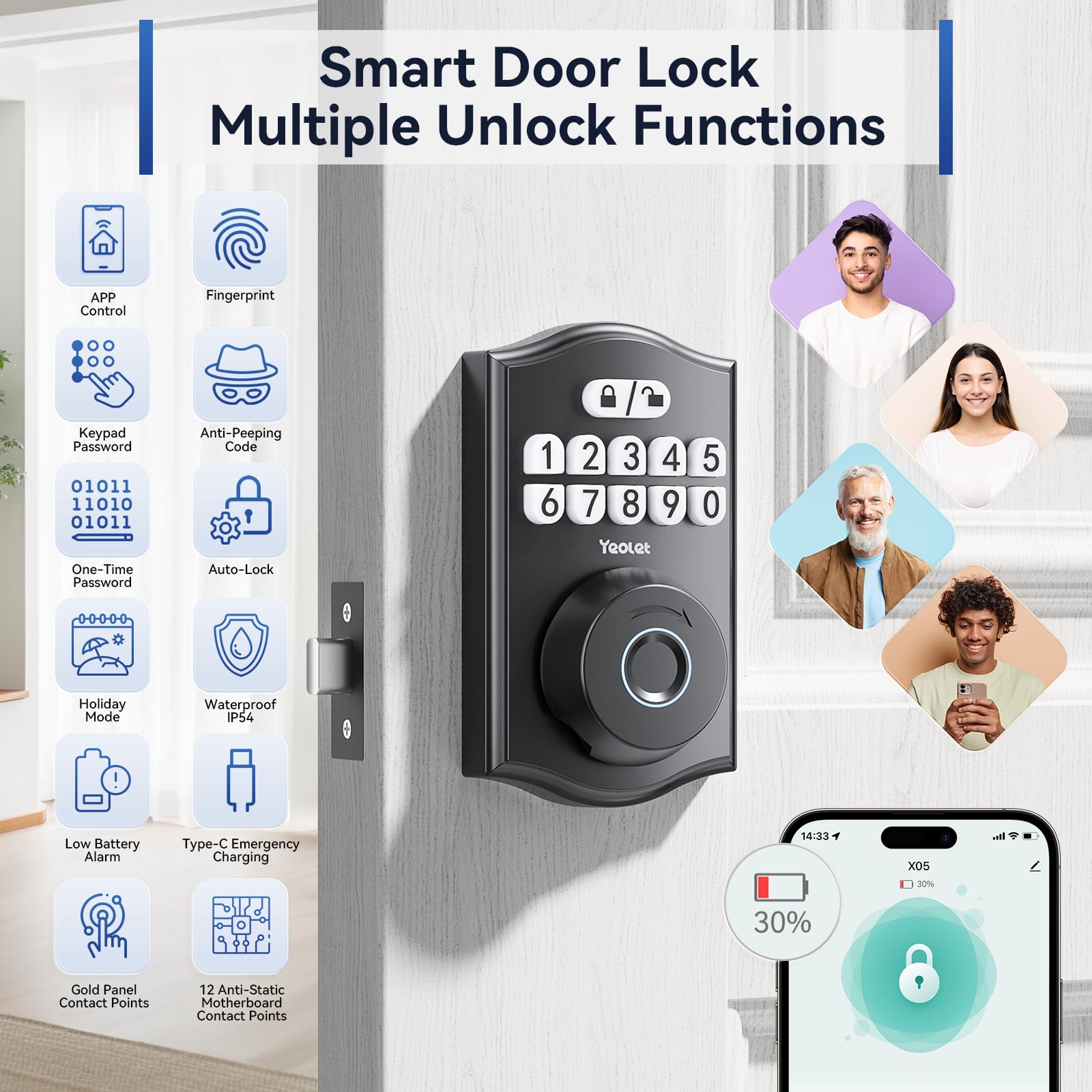 Yeolet Fingerprint Door Lock Keyless Entry Door Lock Deadbolt With App Control Smart Door Locks For Front Door With Code Keypad Deadbolt Auto-Lock Anti-Peeping Code Easy Installation