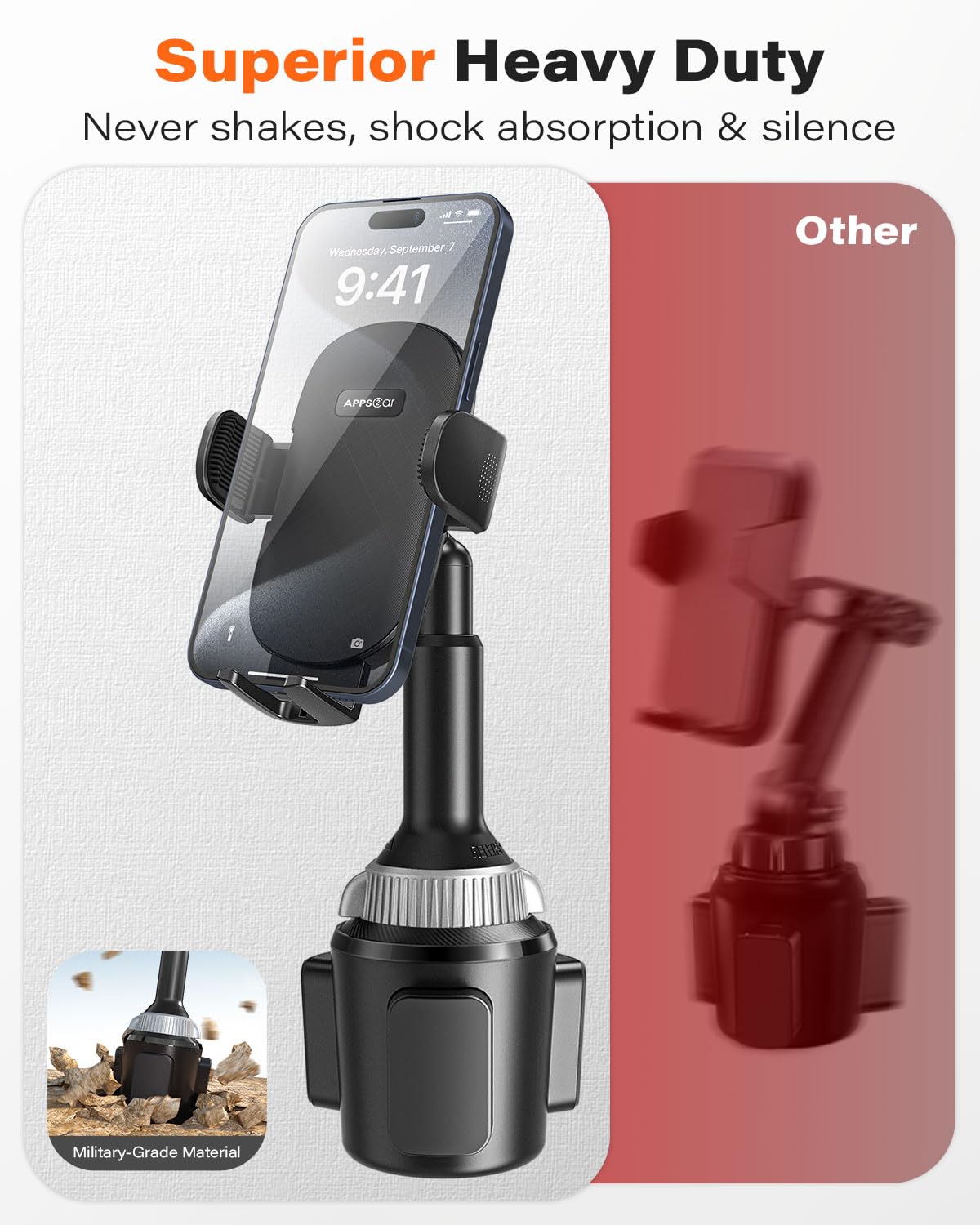 Apps2Car Solid Cup Phone Mount For Car Cup Truck With Quick Extension Long Arm Fast Swivel Adjustable Height 360 Rotatable Low Profile For Iphones