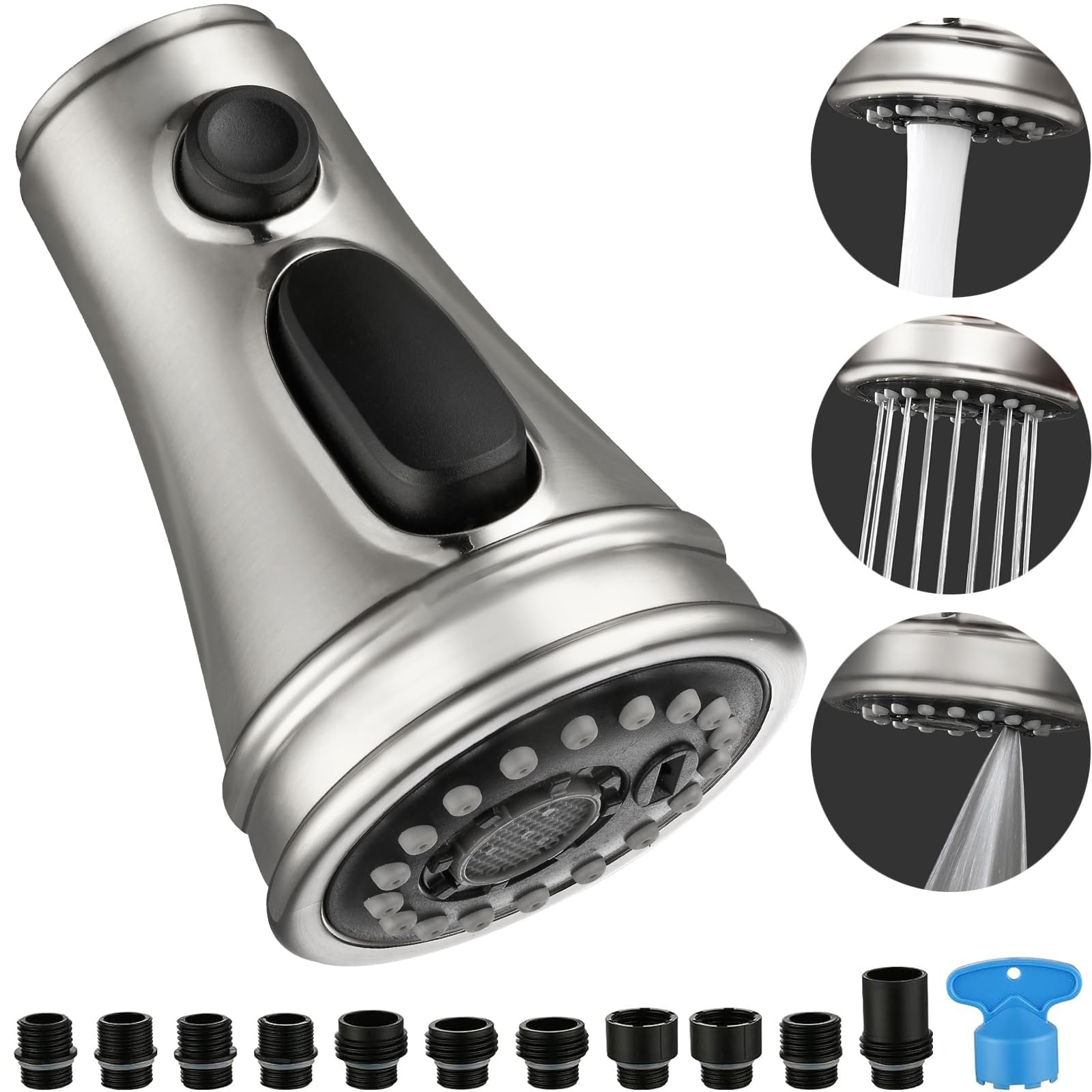 Houtingmaan Kitchen Faucet Head Replacement, 3 Function Pull Down Spray Head, Faucet Sprayer Nozzle With 11 Adapters, Compatible With Delta,Kohler,American Standard,Moen Faucet,Sink Faucet Head Chrome