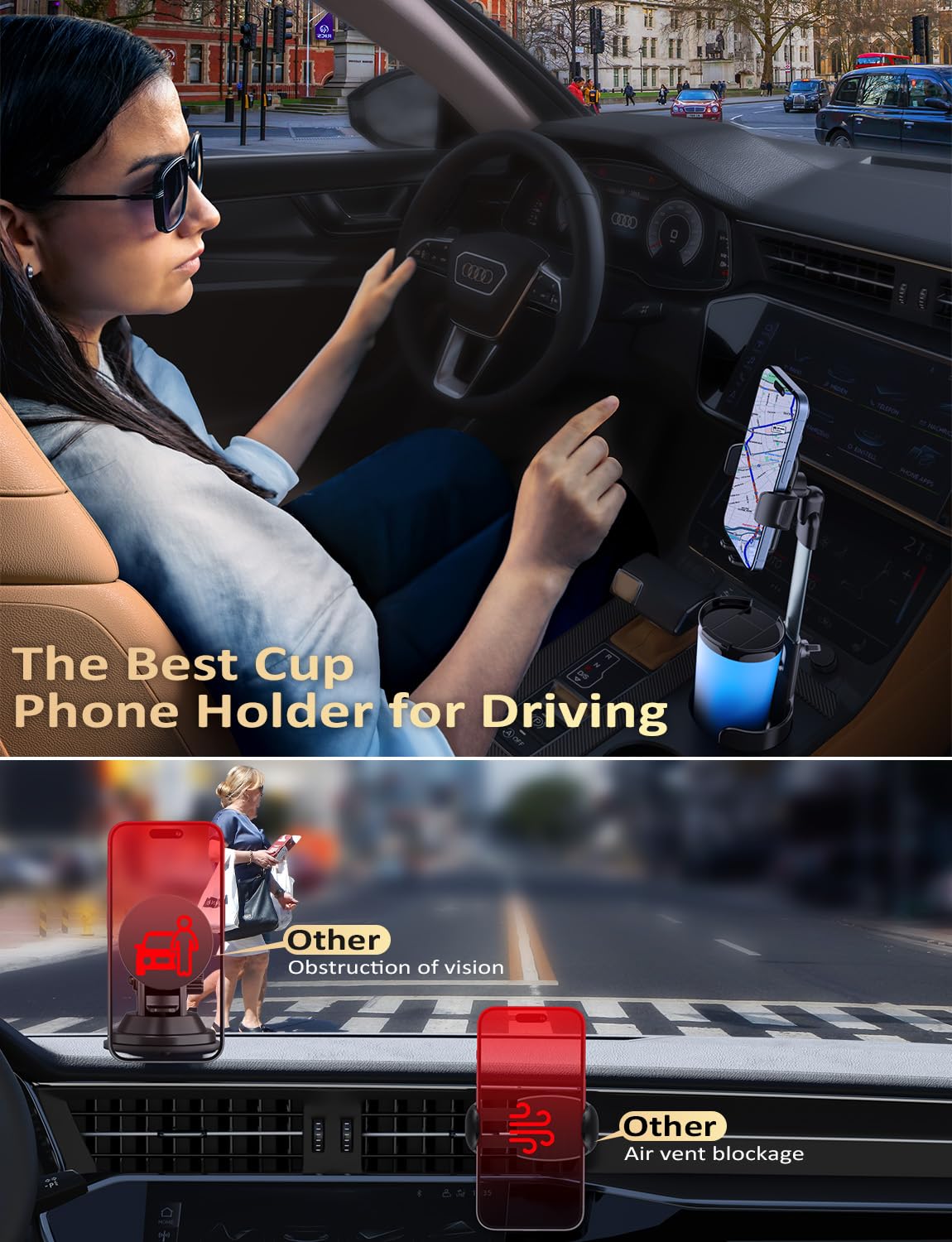 Tryone Cup Phone Holder Mount For Car:  Aluminum Adjustable Rod Cell Phone Cup Holder Stand For Auto  Truck Suv Compatible With Iphone & Samsung & All 4.0-7.0 Inches Smartphone