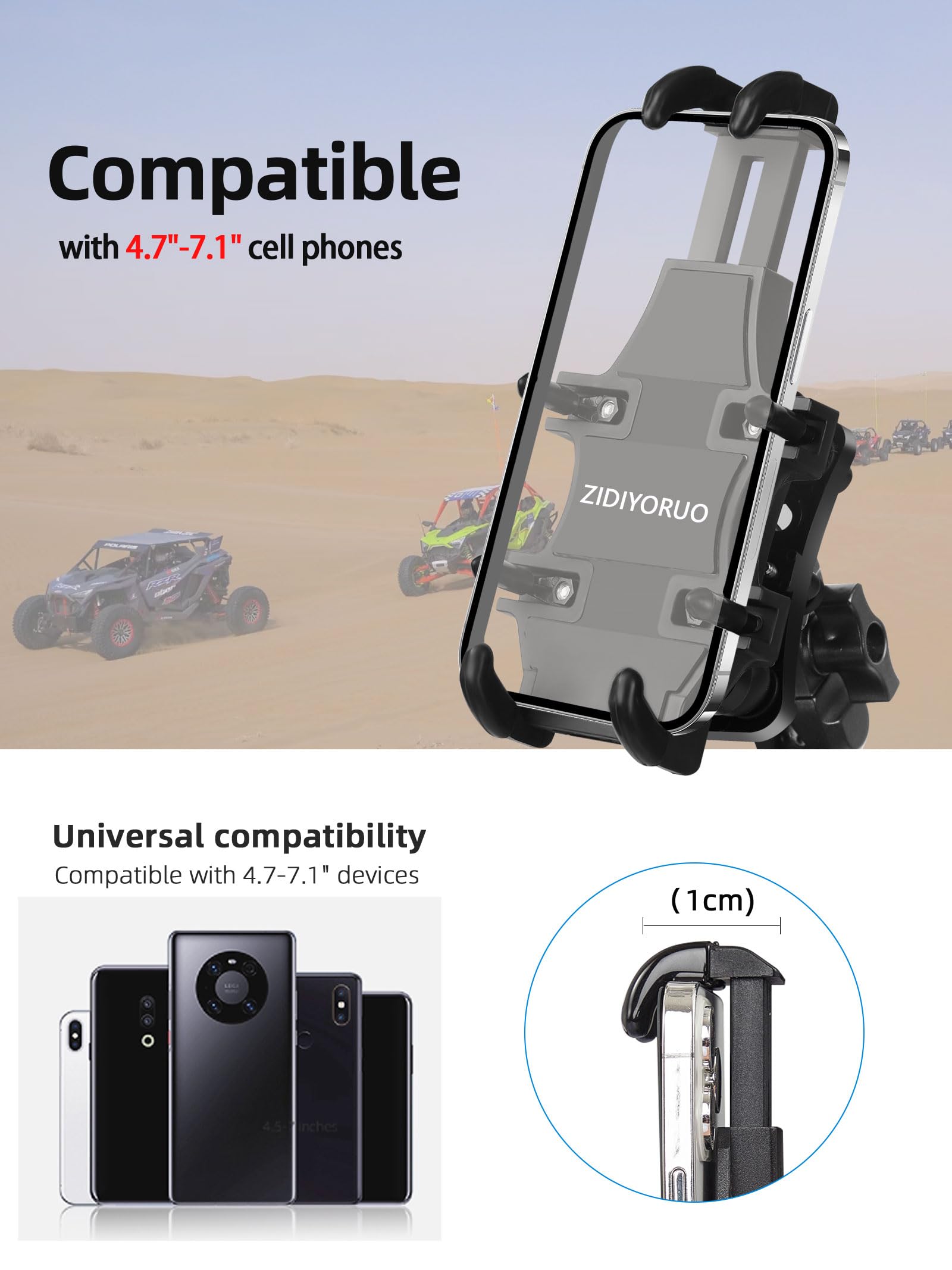 Zidiyoruo Anti-Vibration Utv Phone Mount Heavy Duty, Full Protection Sxs Phone Holder With Aluminum Bracket Fit For 1.75-2" Roll Cage, Adjustable Utv Cell Phone Holder Holds 4.7-7.1" Phones